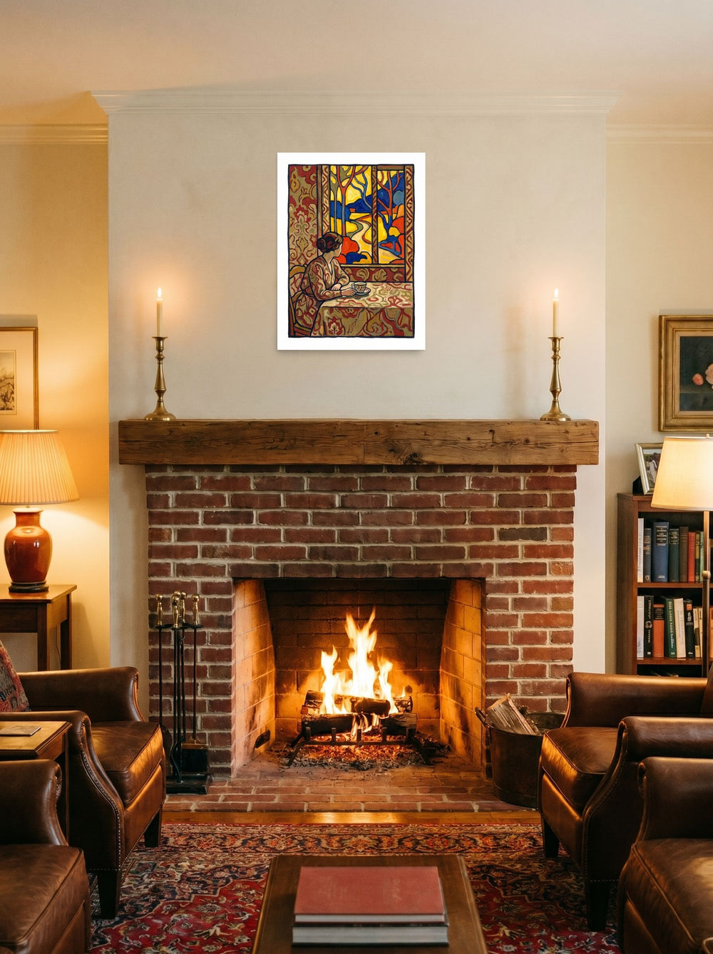 Les Nabis wall art 'Morning Window', unframed paper at 18x24 inch, hung over a fireplace as a focal point.