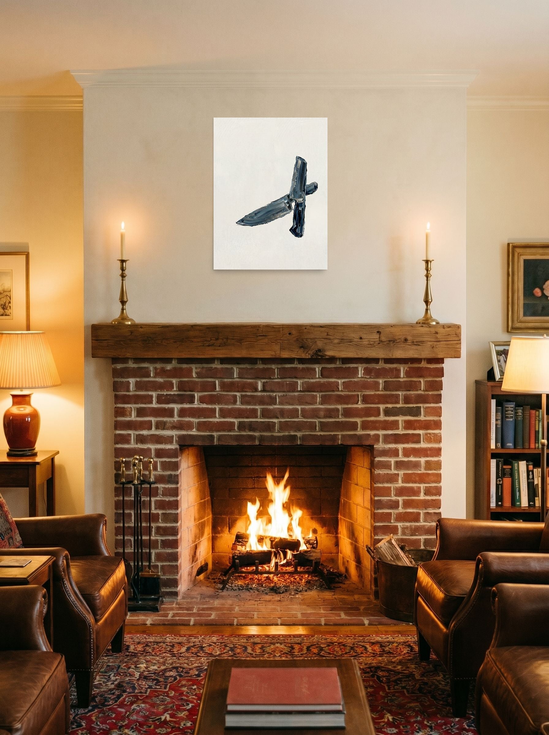 A 18x24 inch unframed paper Minimalism print of 'Culinary Precision' displayed above a fireplace.