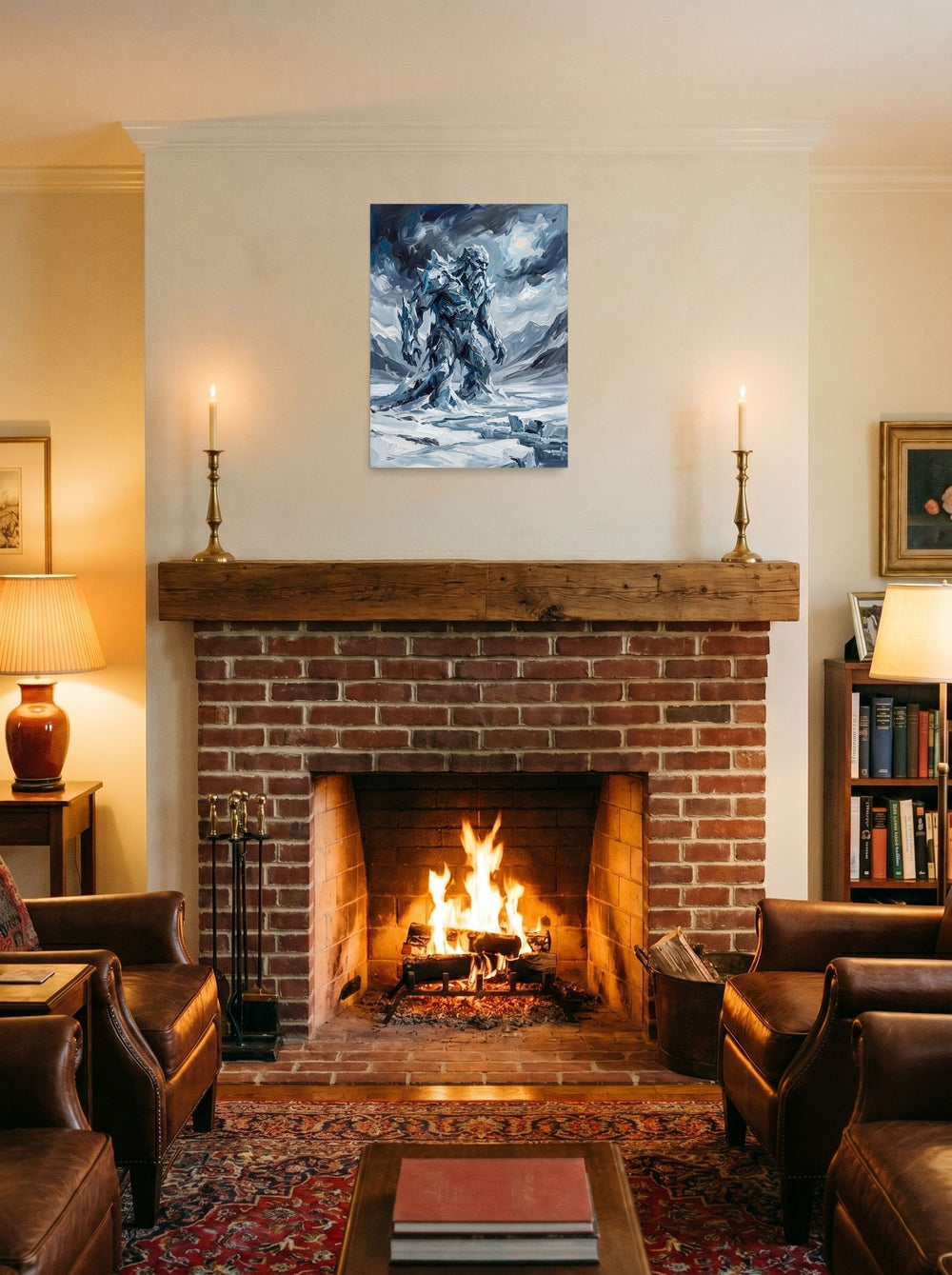 Mockup of 'Titan of the Frost' as a 18x24 inch unframed paper print, hung over a fireplace as a focal point.