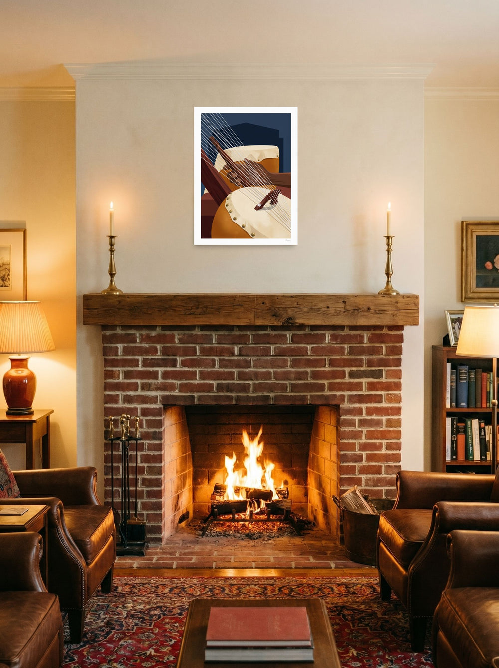 Mockup of 'Strings of the Kora' as a 18x24 inch unframed paper print, hung over a fireplace as a focal point.