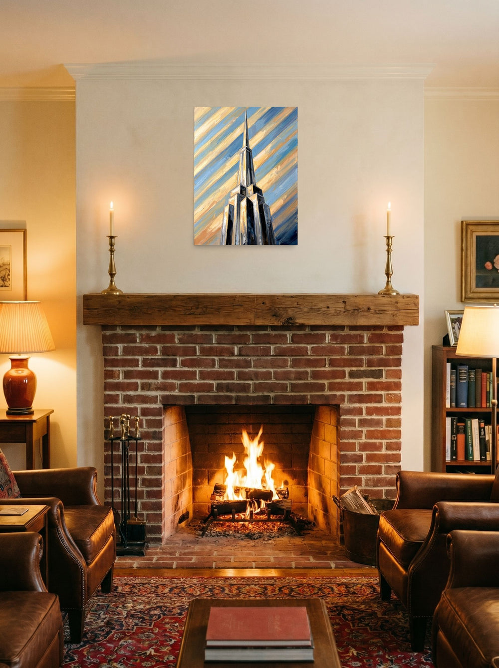 A 18x24 inch unframed paper Art Deco print of 'The Metropolis Spire' displayed above a fireplace.