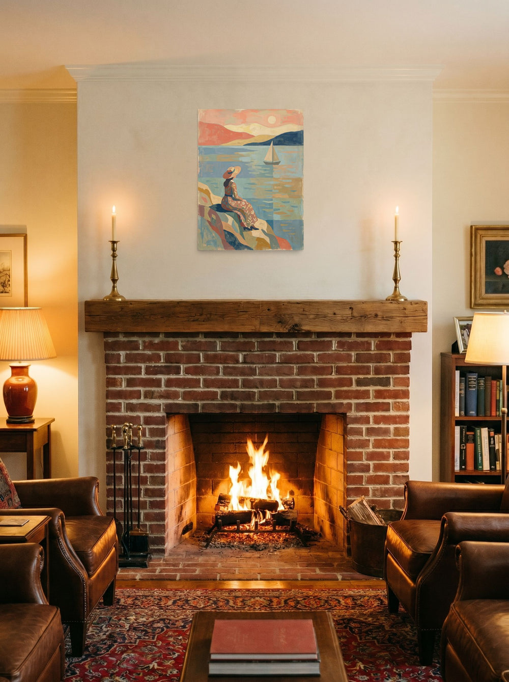 See 'Coastal Reverie' as a unframed paper print (18x24 inch), displayed above a fireplace.