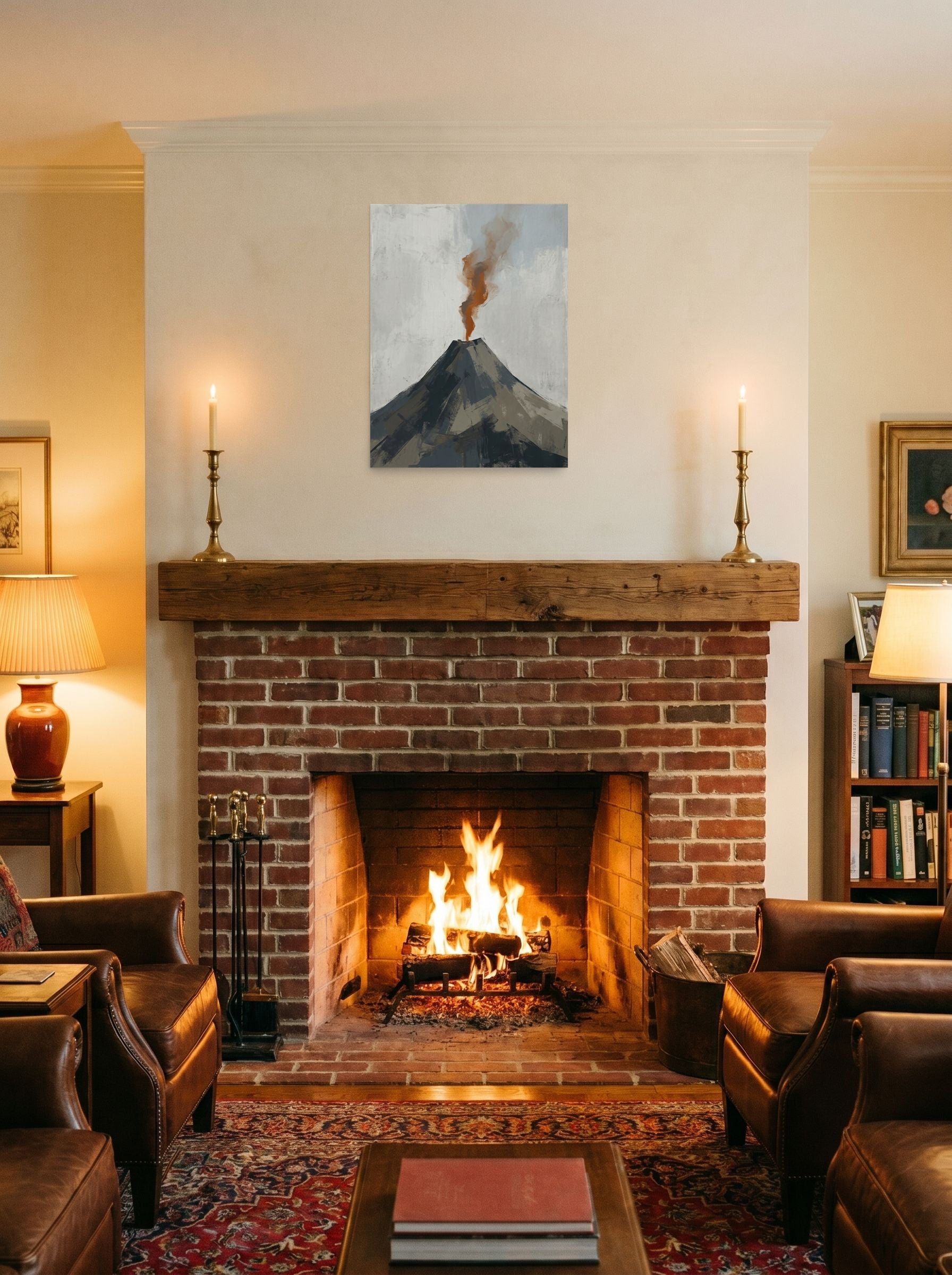 A 18x24 inch unframed paper Minimalism print of 'Earth's Exhale' displayed above a fireplace.