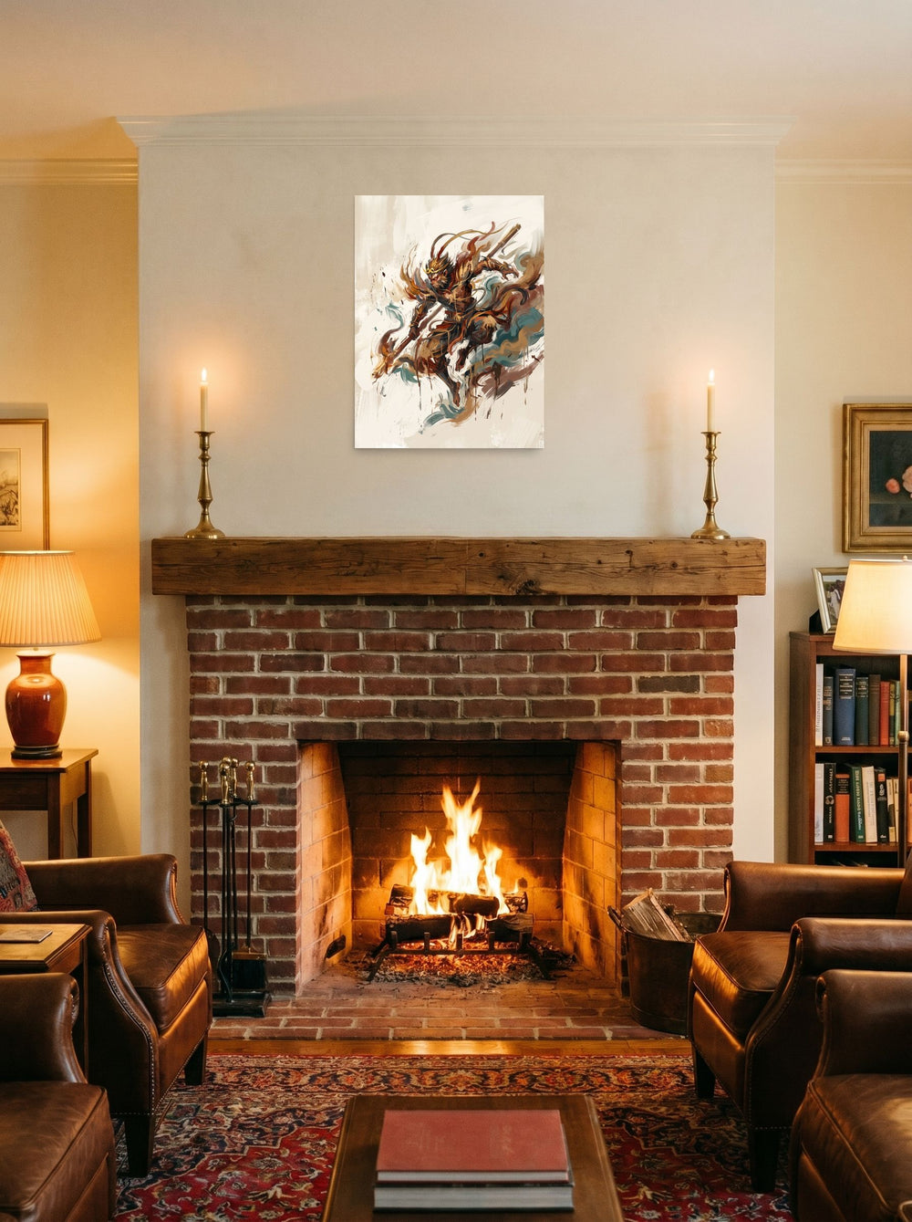 See 'Sun Wukong Unleashed' as a unframed paper print (18x24 inch), hung over a fireplace as a focal point.