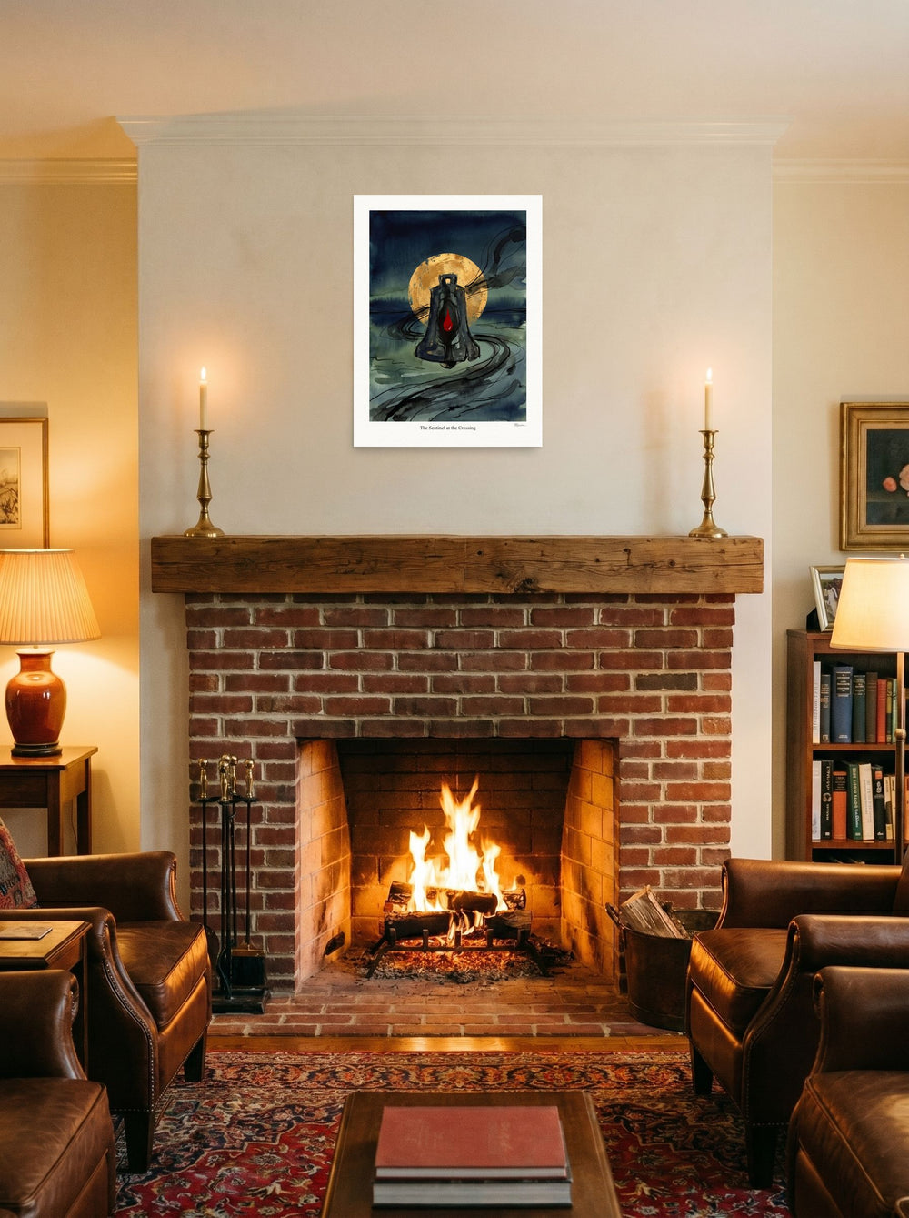 A unframed paper print of the Symbolism artwork 'The Sentinel at the Crossing', displayed above a fireplace.