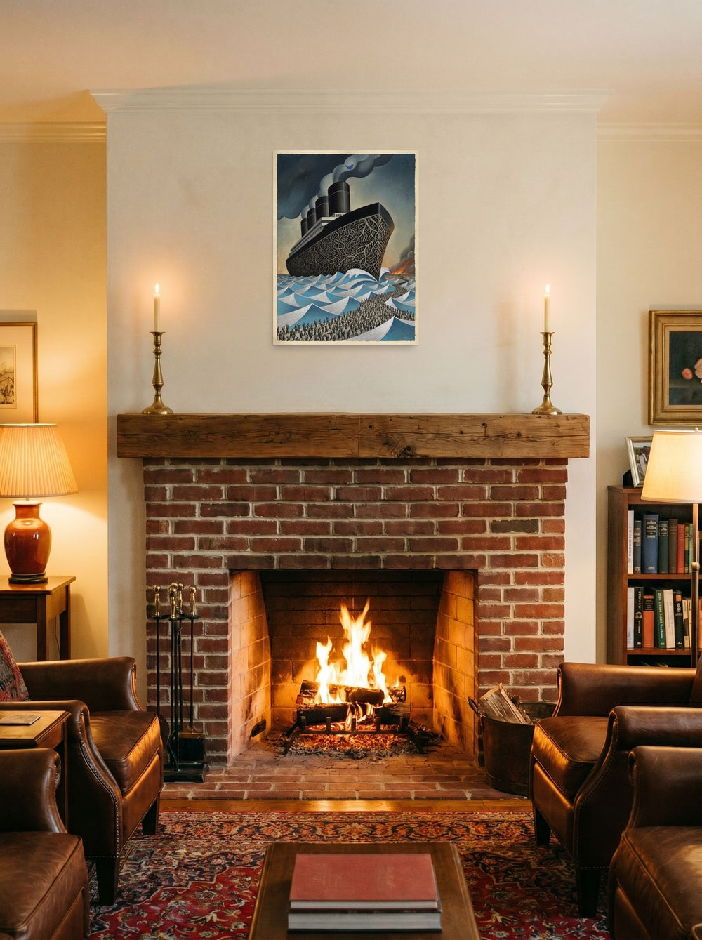 A 18x24 inch unframed paper Surrealism,Art Deco print of 'The Rooted Voyage' displayed above a fireplace.