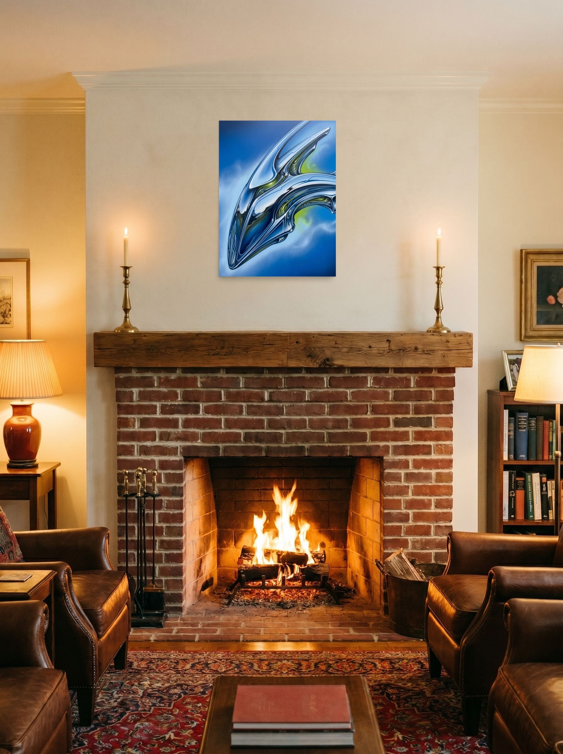 A 18x24 inch unframed paper Retrofuturism print of 'Chrome Horizon' displayed above a fireplace.