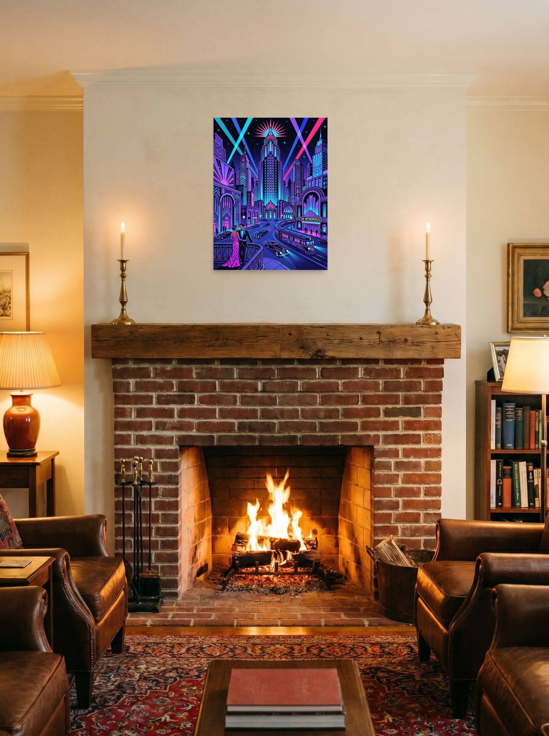 A 18x24 inch unframed paper Art Deco print of 'Neon Nights at The Metropolis' displayed above a fireplace.