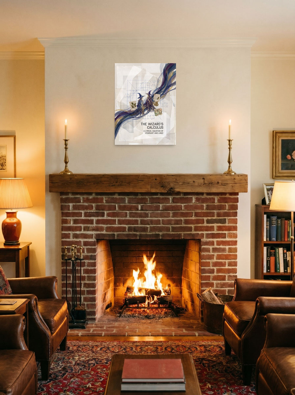 unframed paper wall art 'The Wizard's Calculus' hung over a fireplace as a focal point, at 18x24 inch.