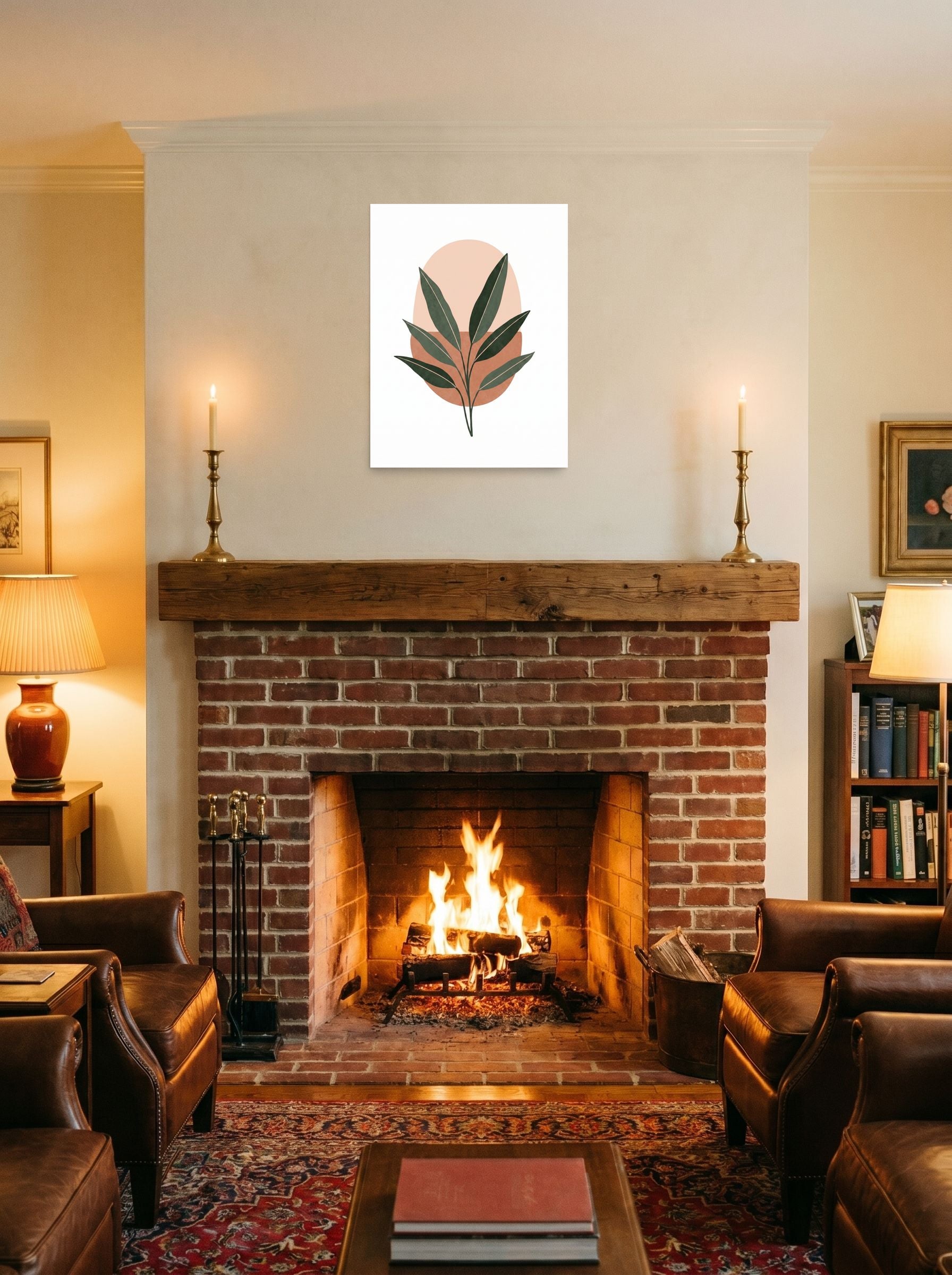 A 18x24 inch unframed paper Minimalism print of 'Botanical Horizon' displayed above a fireplace.