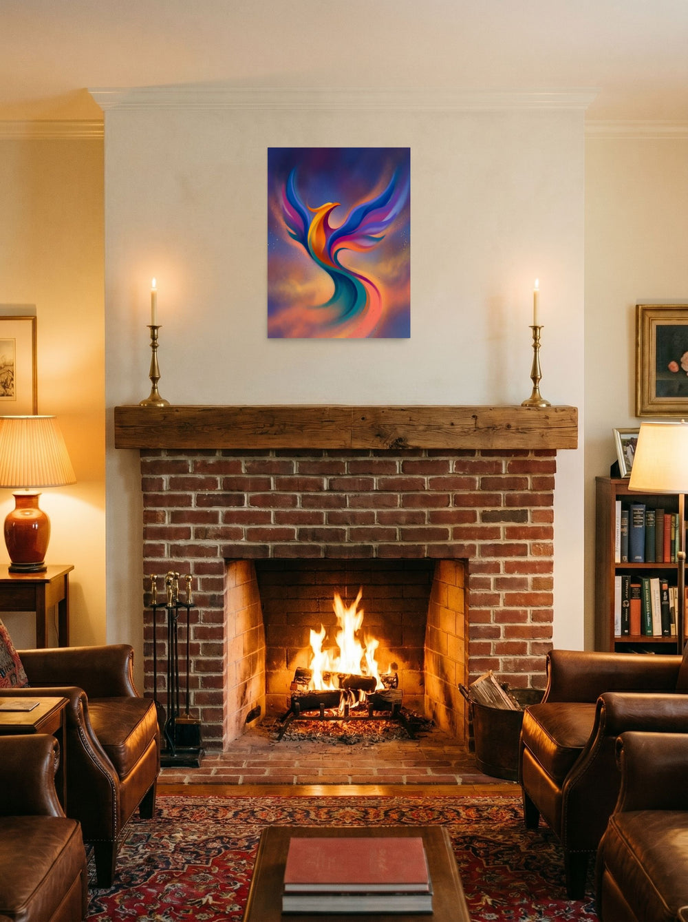 A 18x24 inch unframed paper Abstract art print of 'Flight of Rebirth' displayed above a fireplace.