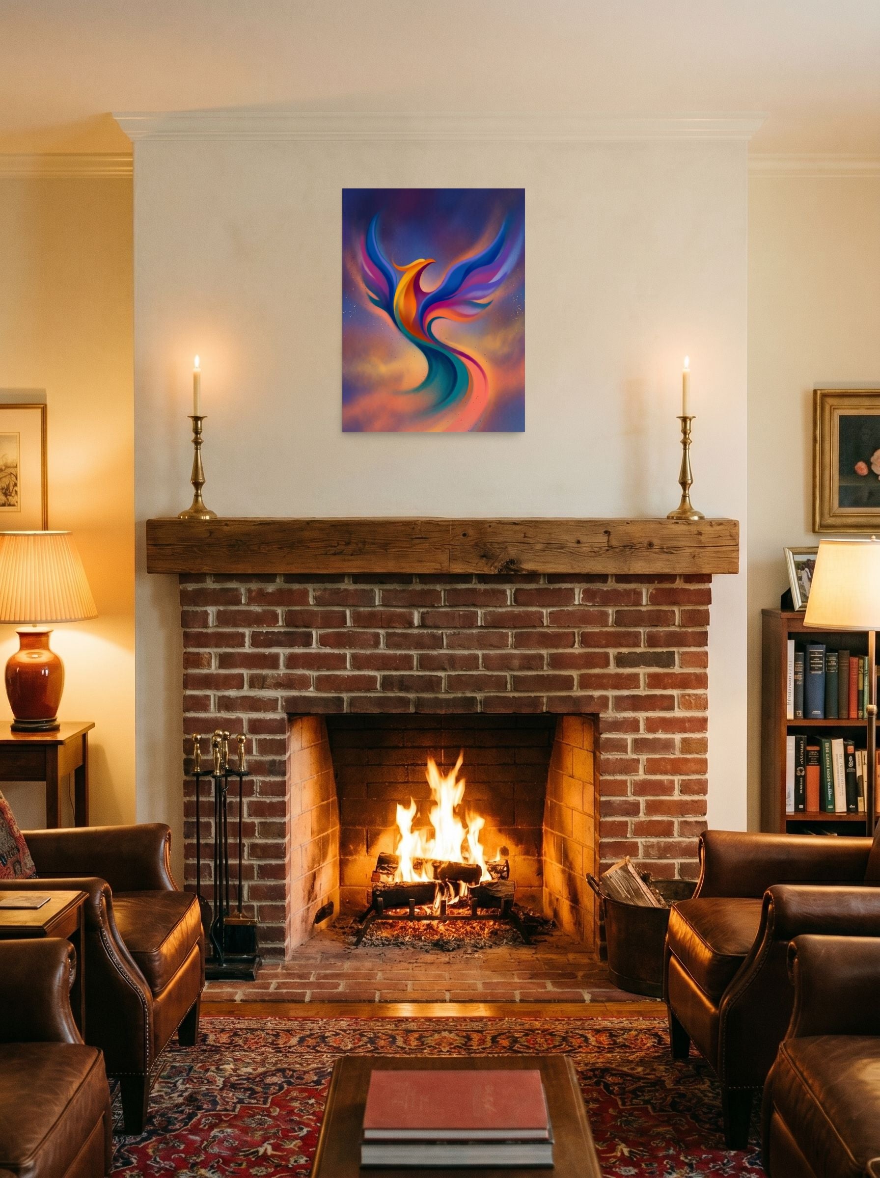A 18x24 inch unframed paper Abstract art print of 'Flight of Rebirth' displayed above a fireplace.