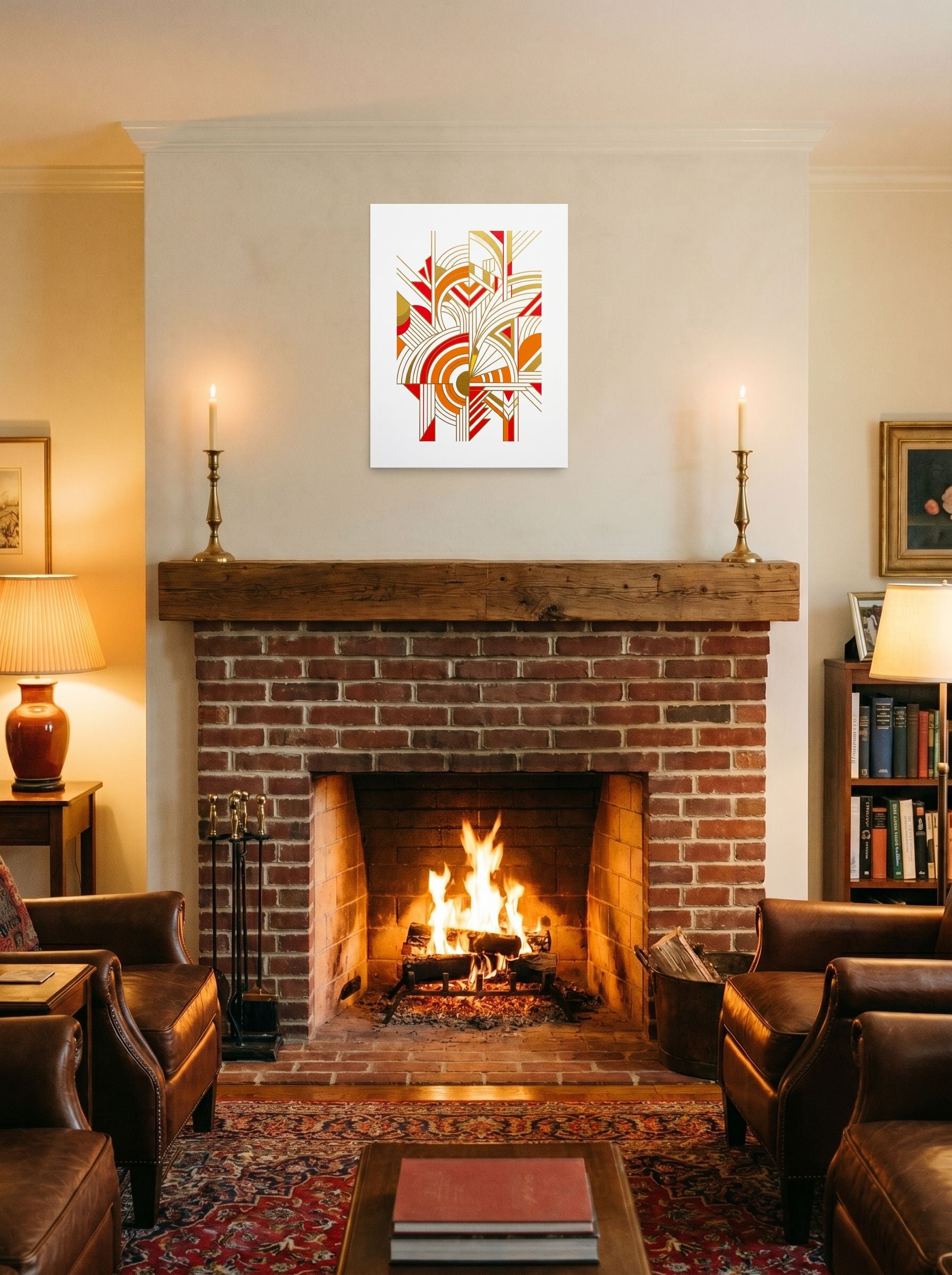 A 18x24 inch unframed paper Art Deco print of 'Radiant Deco Abstract' displayed above a fireplace.