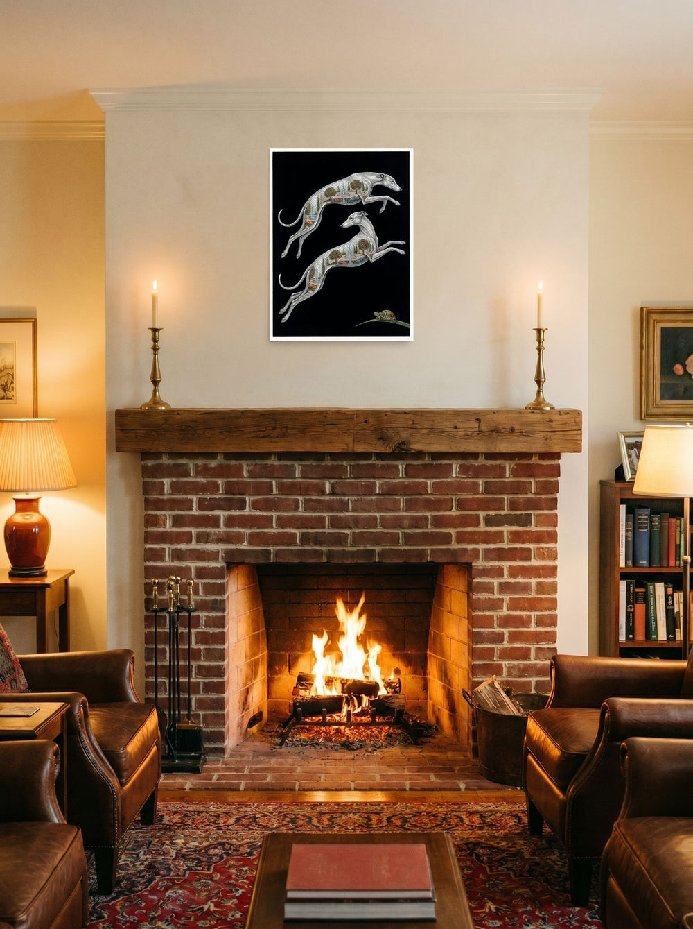 A 18x24 inch unframed paper Art Deco print of 'Greyhound Gardens' displayed above a fireplace.