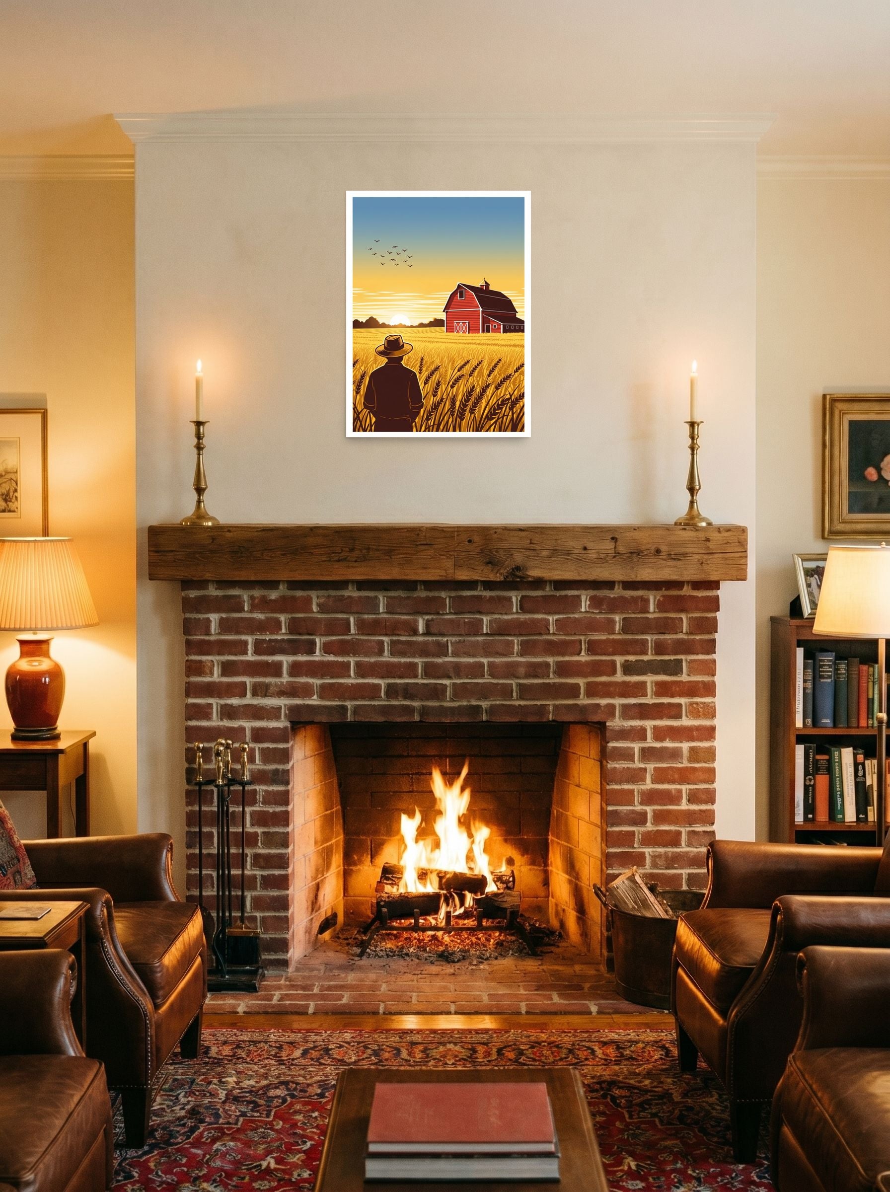 A 18x24 inch unframed paper American Scene Painting,Digital art print of 'Harvest Horizons' displayed above a fireplace.