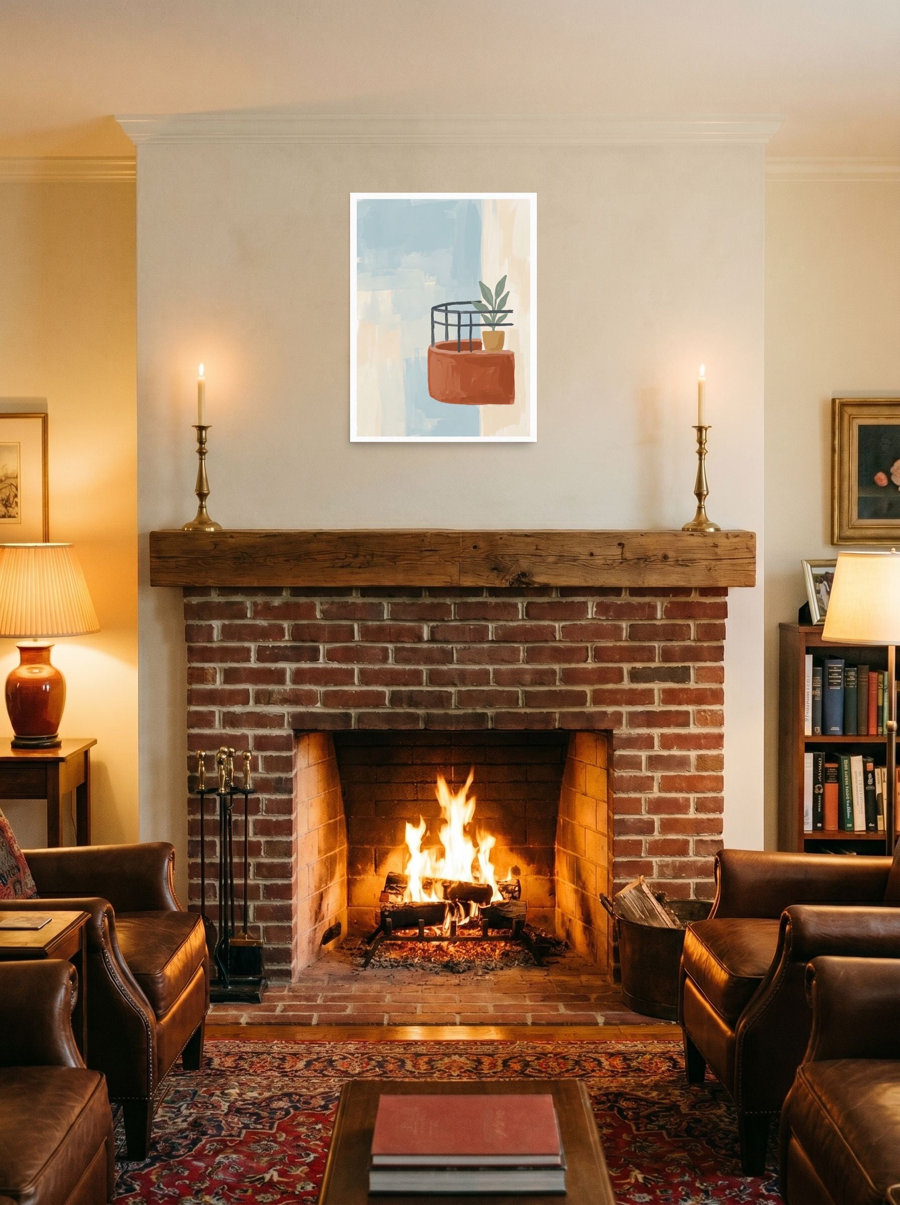 A 18x24 inch unframed paper Abstract art print of 'Balcony Impression' displayed above a fireplace.