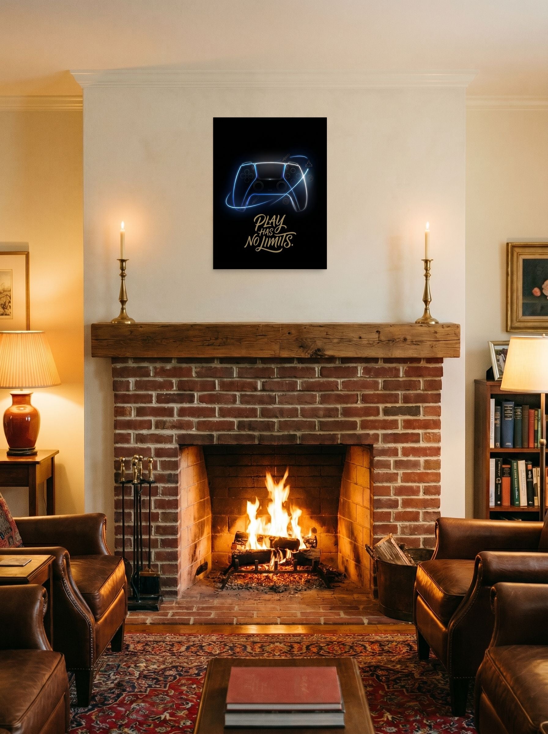 A 18x24 inch unframed paper Digital art,Pop art print of 'No Limits' displayed above a fireplace.
