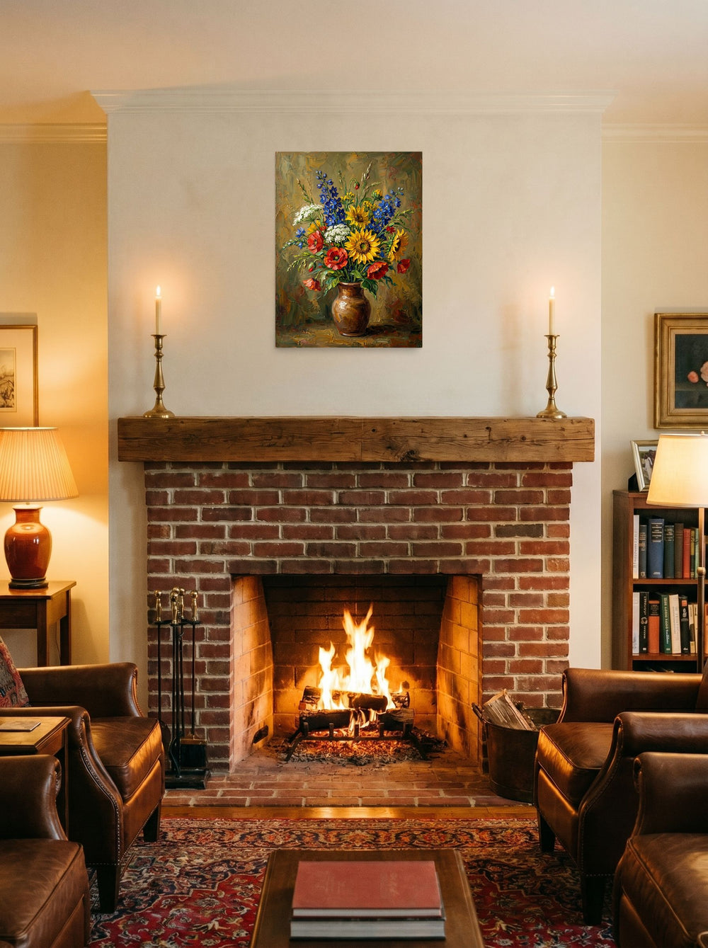 A 18x24 inch unframed paper Impressionism print of 'Rustic Floral Bloom' displayed above a fireplace.