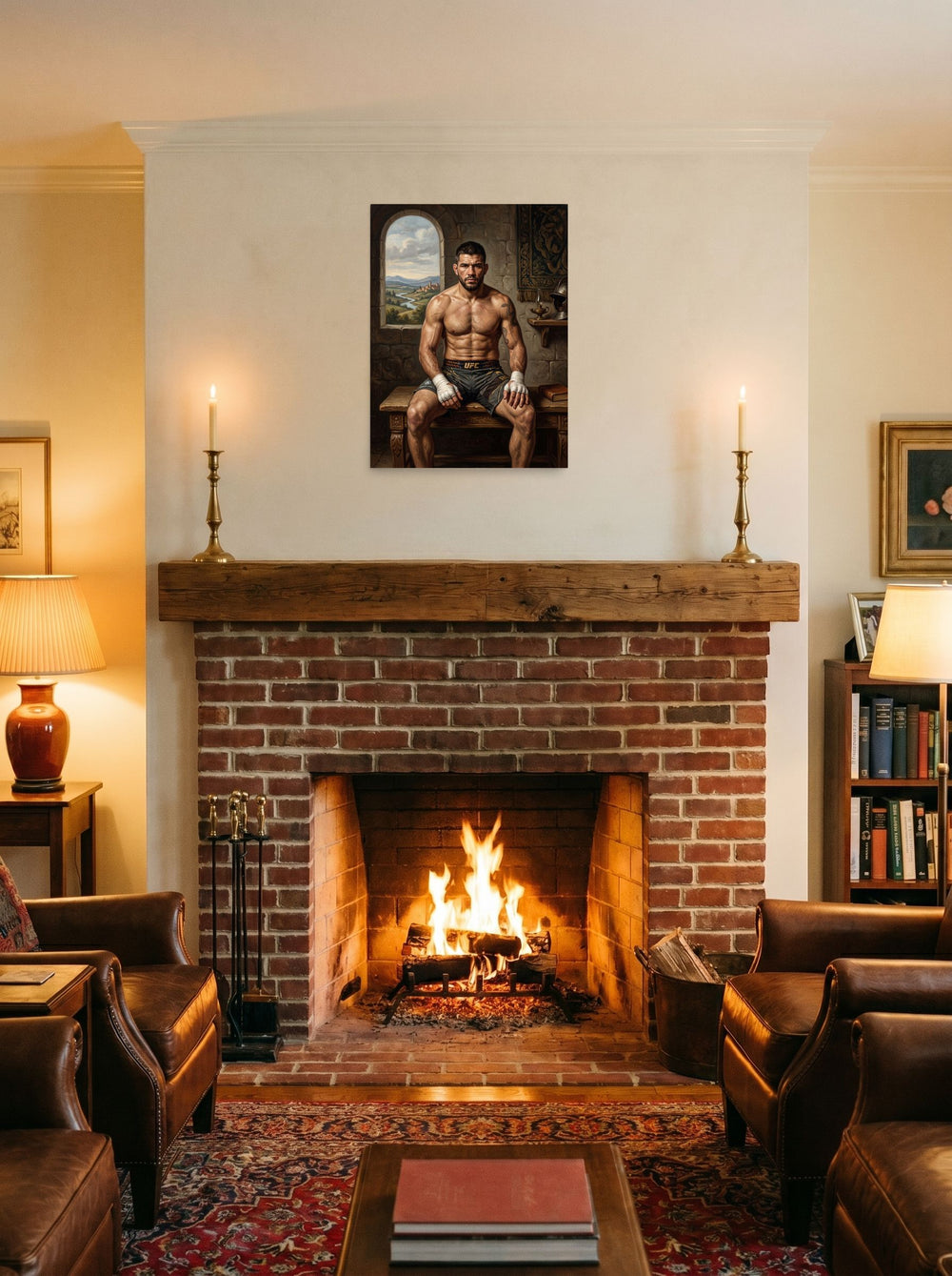 A 18x24 inch unframed paper version of 'The Renaissance Gladiator', Renaissance wall art, hung over a fireplace as a focal point.