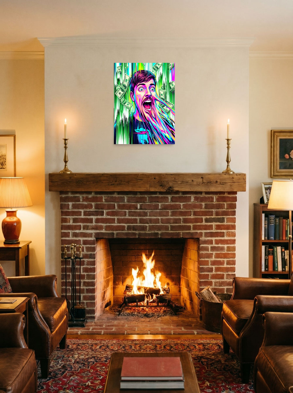 'Viral Melt: MrBeast' as a unframed paper print, 18x24 inch, styled on a mantel above a fireplace.