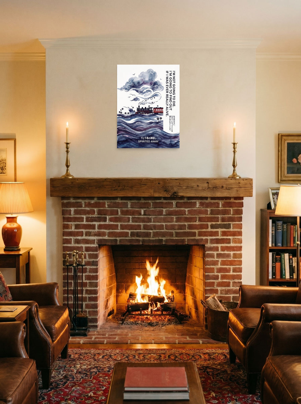 A 18x24 inch unframed paper Shin hanga,Japanese art print of 'Journey Through the Clouds' displayed above a fireplace.