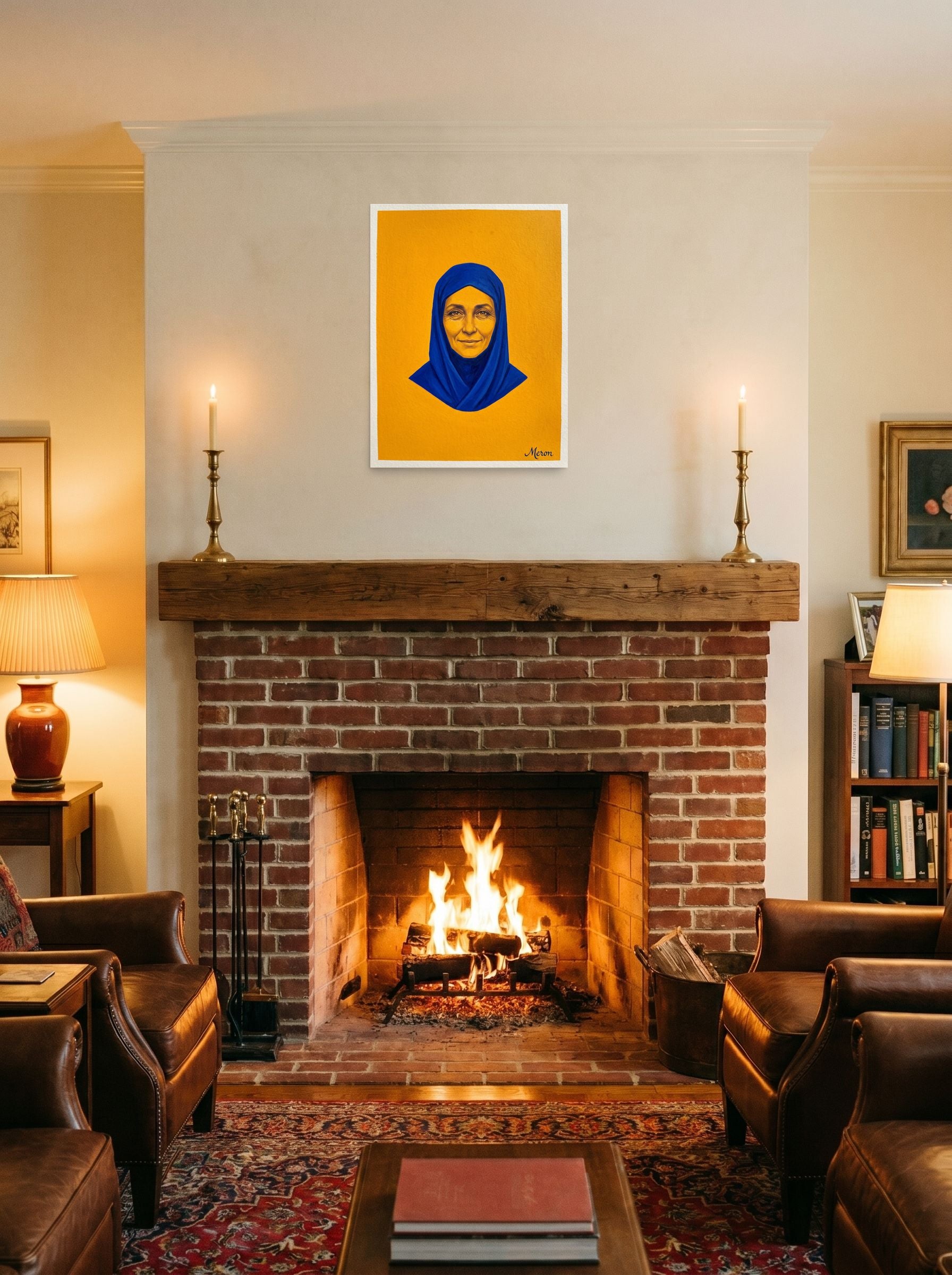 A 18x24 inch unframed paper Pop art print of 'Azure Serenity' displayed above a fireplace.