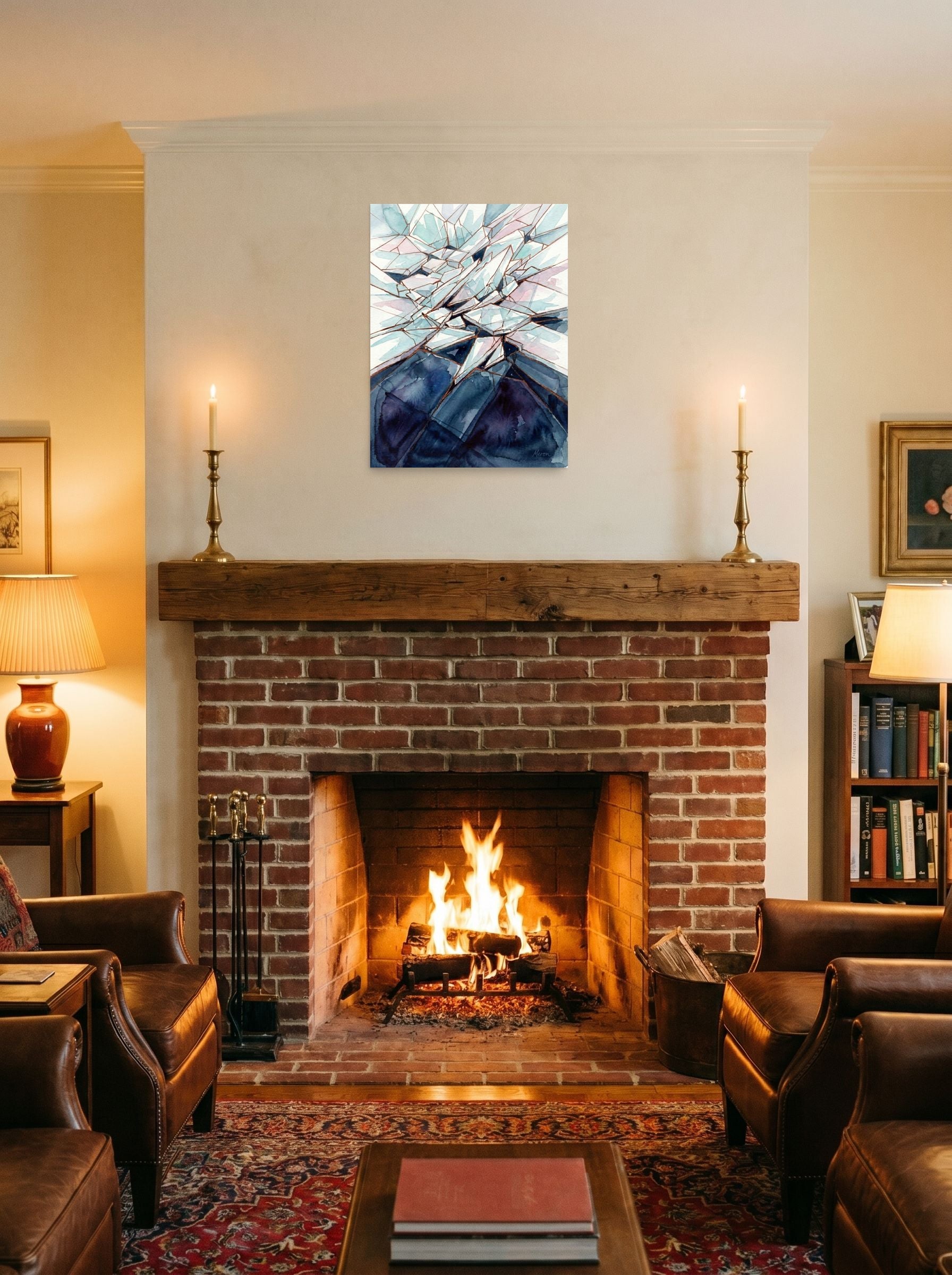 A 18x24 inch unframed paper Expressionism print of 'Coastal Thunderstorm' displayed above a fireplace.
