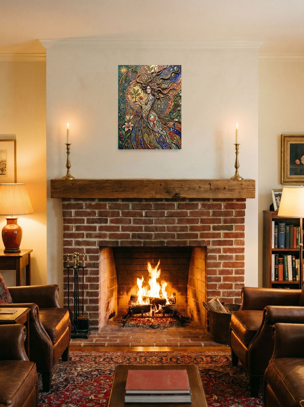 'Goddess of the Sacred Oak' in 18x24 inch unframed paper, hung over a fireplace as a focal point.