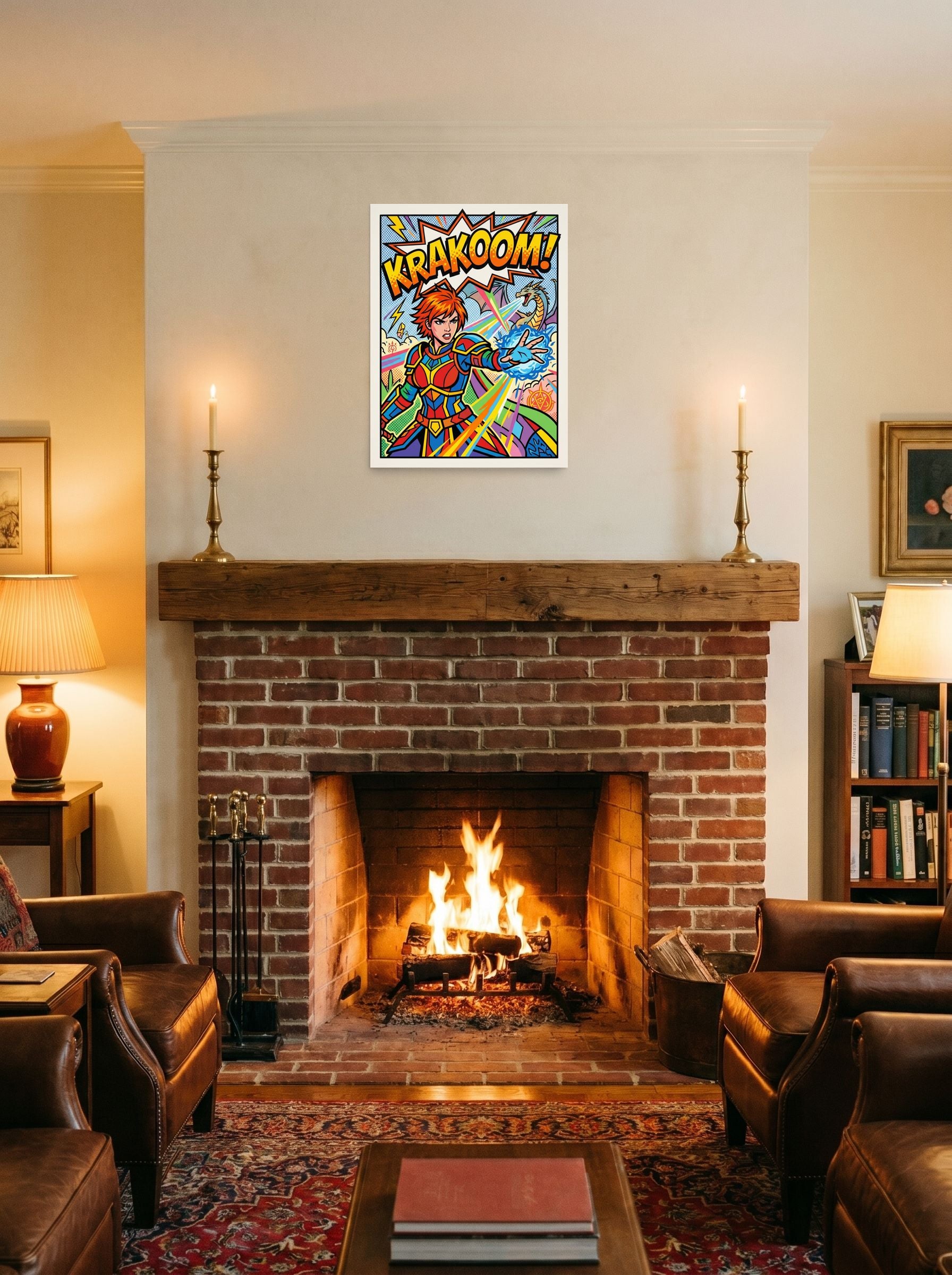 A 18x24 inch unframed paper Pop art print of 'Krakoom Warrior Blast' displayed above a fireplace.