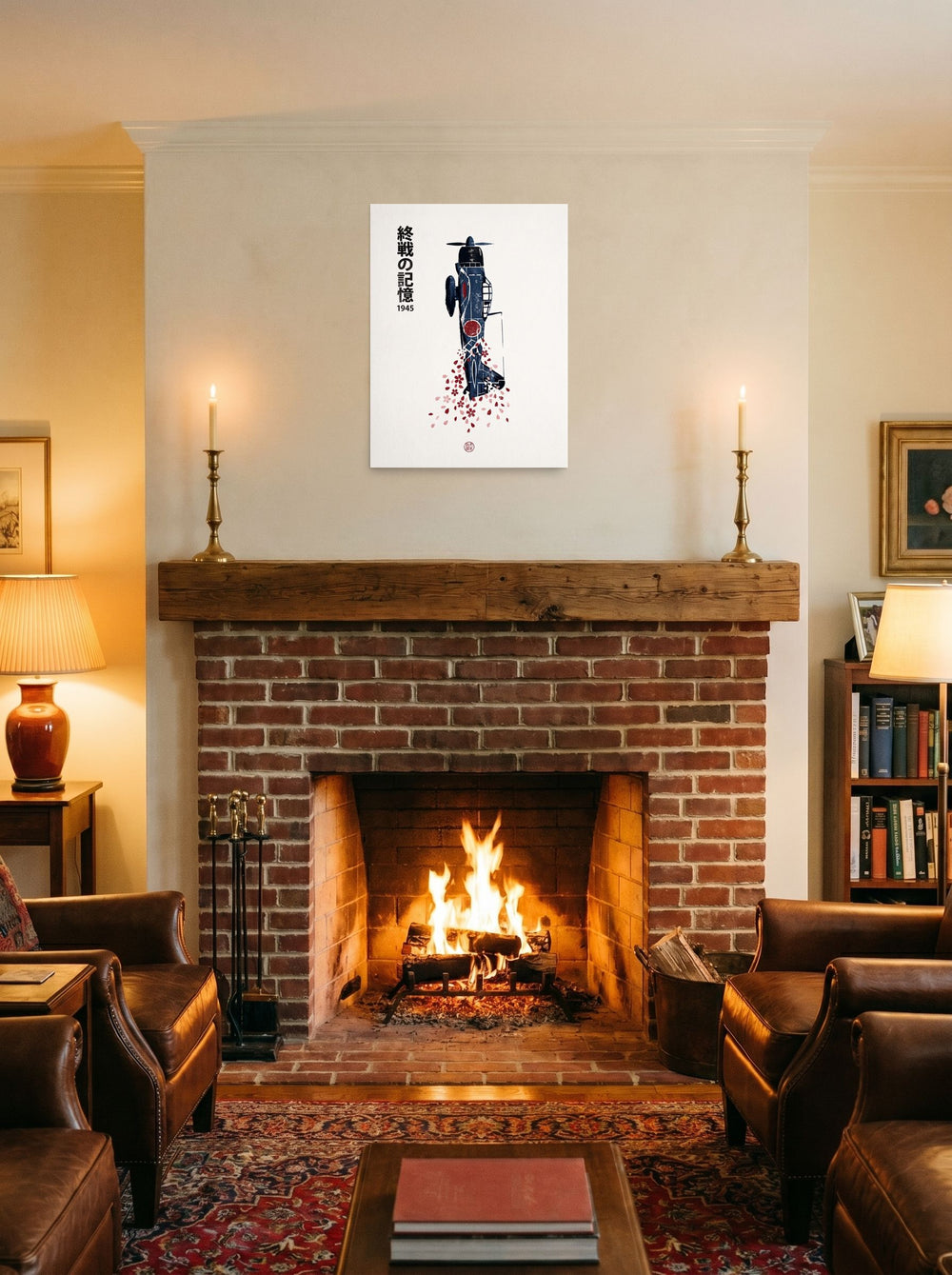 Mockup of 'Memories of 1945' as a 18x24 inch unframed paper print, displayed above a fireplace.