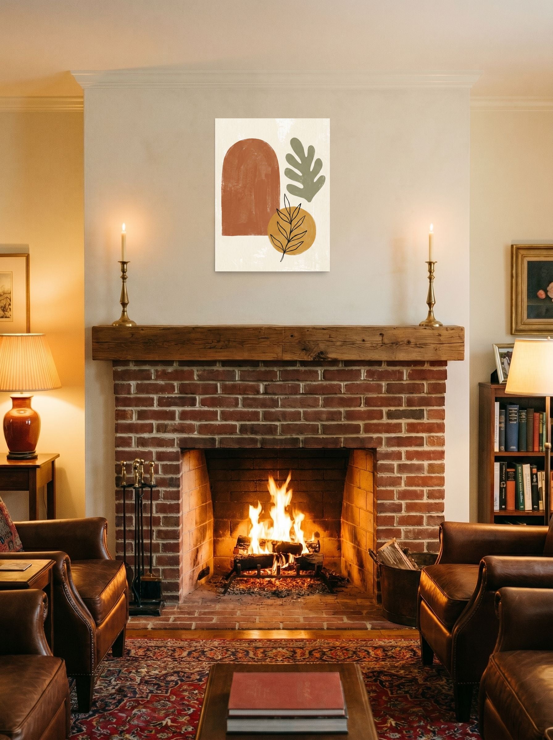 A 18x24 inch unframed paper Minimalism,Abstract art print of 'Botanical Geometry in Earth Tones' displayed above a fireplace.