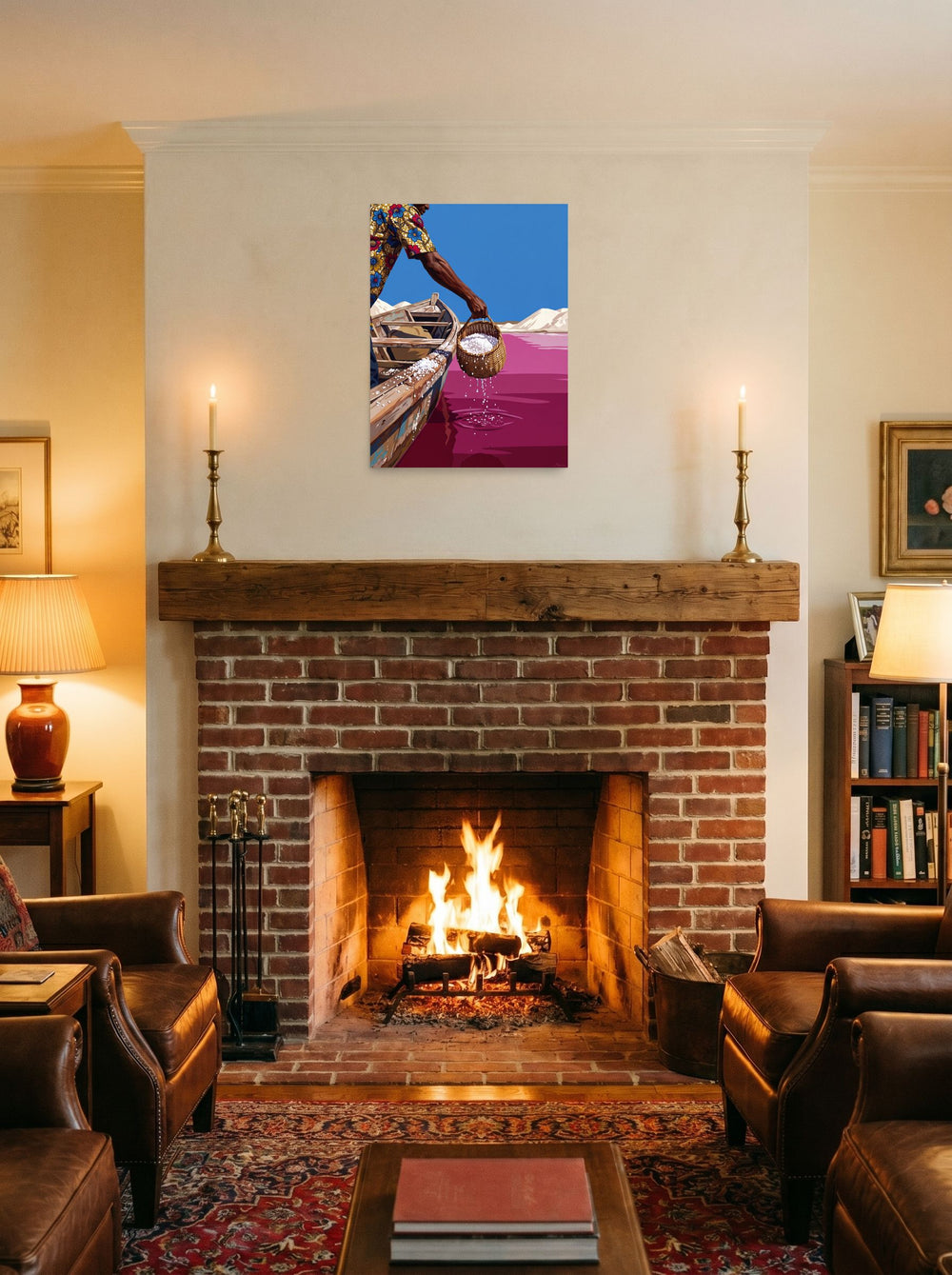 A unframed paper print of the Figurative art artwork 'Pink Lake Harvest', displayed above a fireplace.