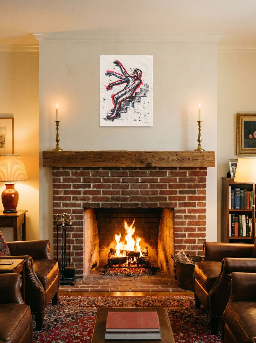 Expressionism wall art 'Descent in Motion', unframed paper at 18x24 inch, hung over a fireplace as a focal point.
