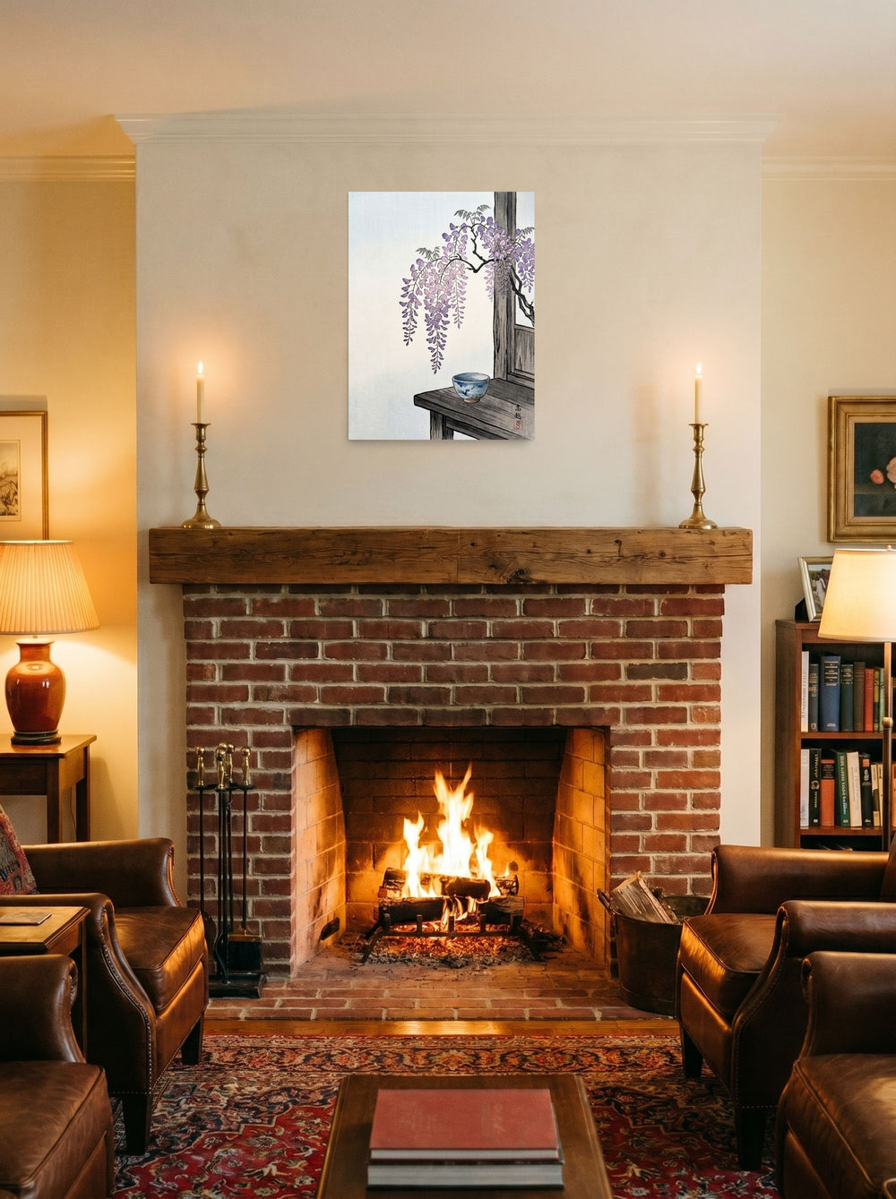 A 18x24 inch unframed paper Shin hanga print of 'Wisteria and Tea' displayed above a fireplace.