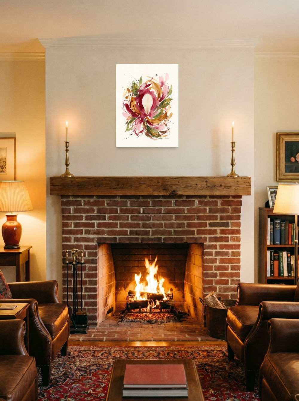 A unframed paper print of the Abstract art artwork 'Petal Symphony', displayed above a fireplace.