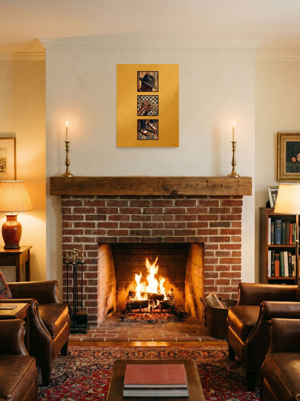 A 18x24 inch unframed paper Harlem Renaissance,Realism print of 'Triptych in Brass' displayed above a fireplace.