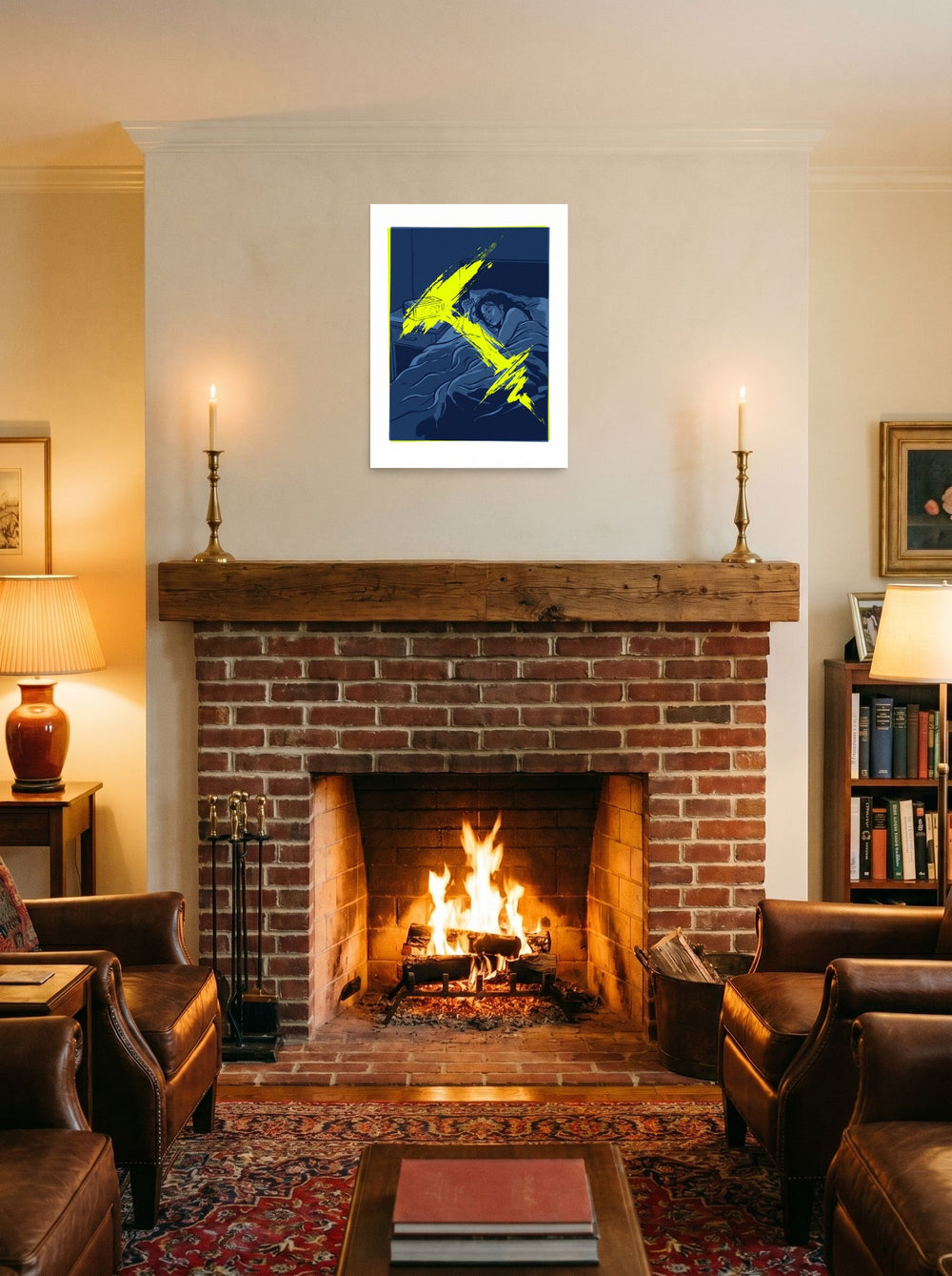 18x24 inch unframed paper print of 'Jarring Wakefulness', styled on a mantel above a fireplace.