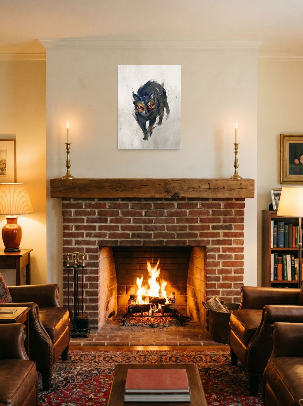A unframed paper print of the Expressionism artwork 'Eyes of Bastet', hung over a fireplace as a focal point.