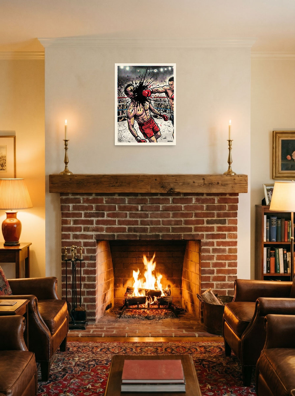See 'Halftone Knockout: Lionheart' as a unframed paper print (18x24 inch), displayed above a fireplace.
