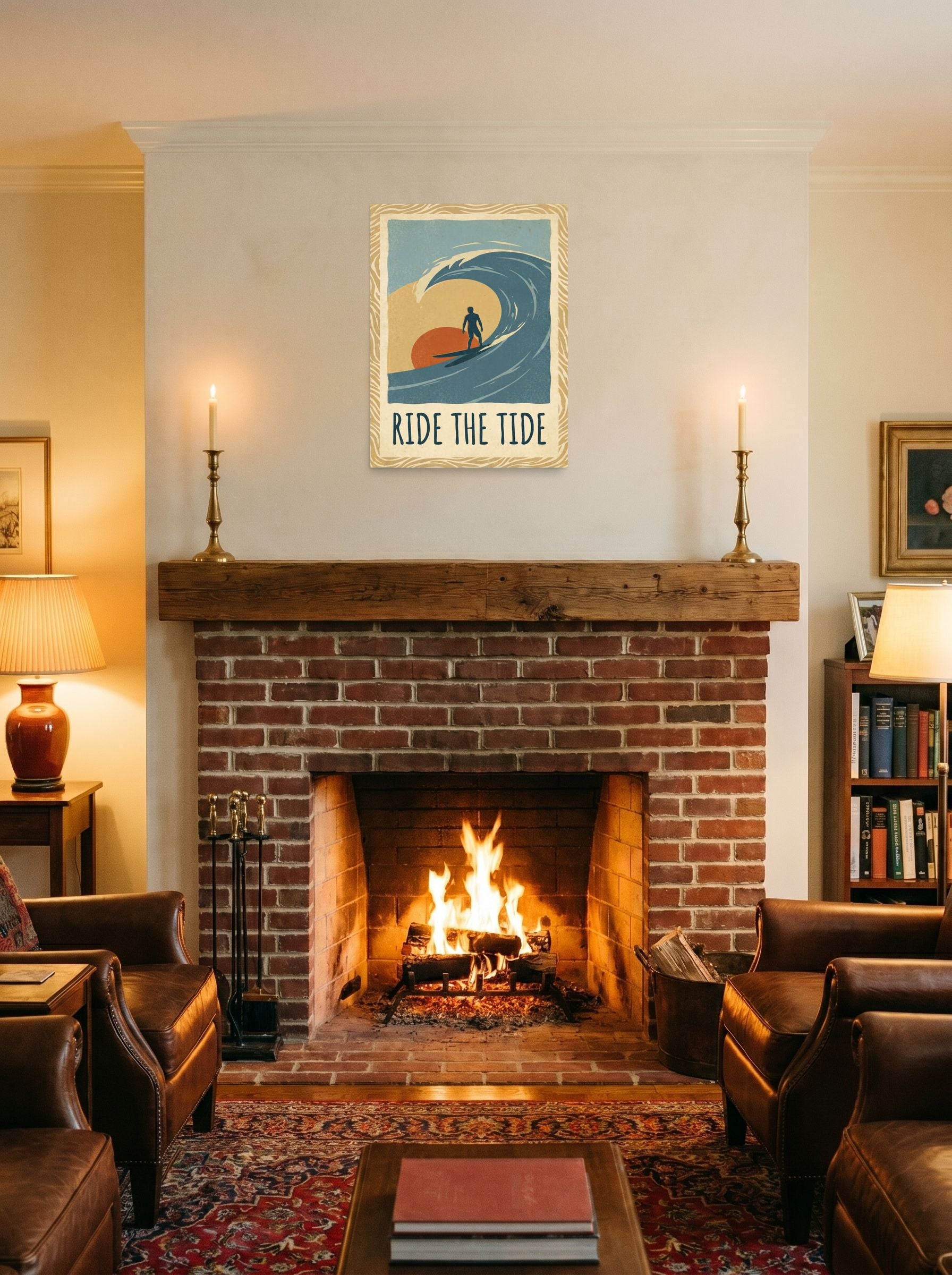 A 18x24 inch unframed paper Pop art,Digital art print of 'Ride the Tide' displayed above a fireplace.