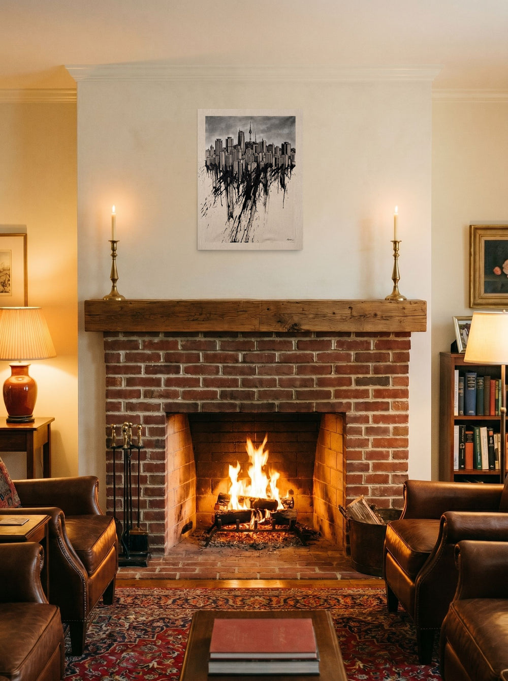 18x24 inch unframed paper print of 'Seoul Melting into Ink', displayed above a fireplace.