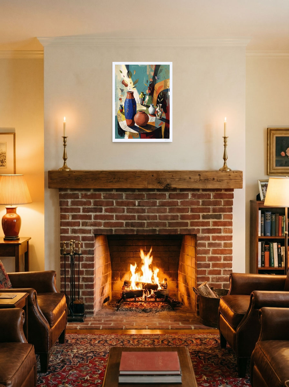 A unframed paper print of the Dau-al-Set artwork 'Vessels of Light', displayed above a fireplace.