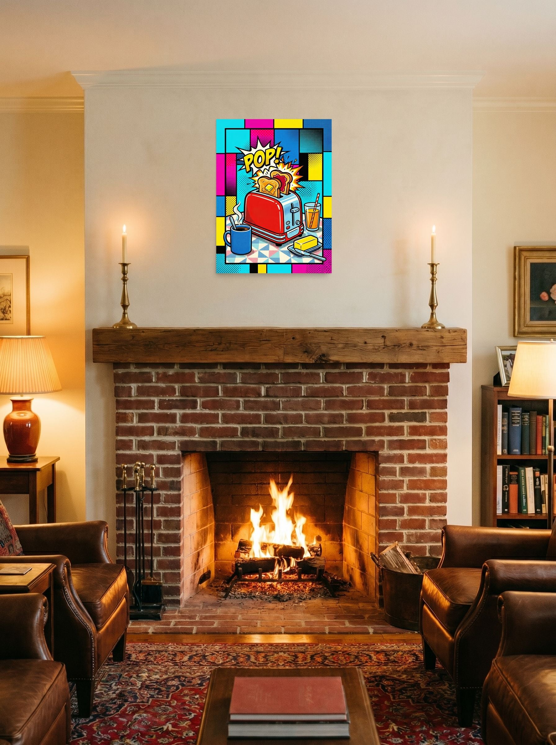 A 18x24 inch unframed paper Pop art print of 'Pop Goes the Toast' displayed above a fireplace.