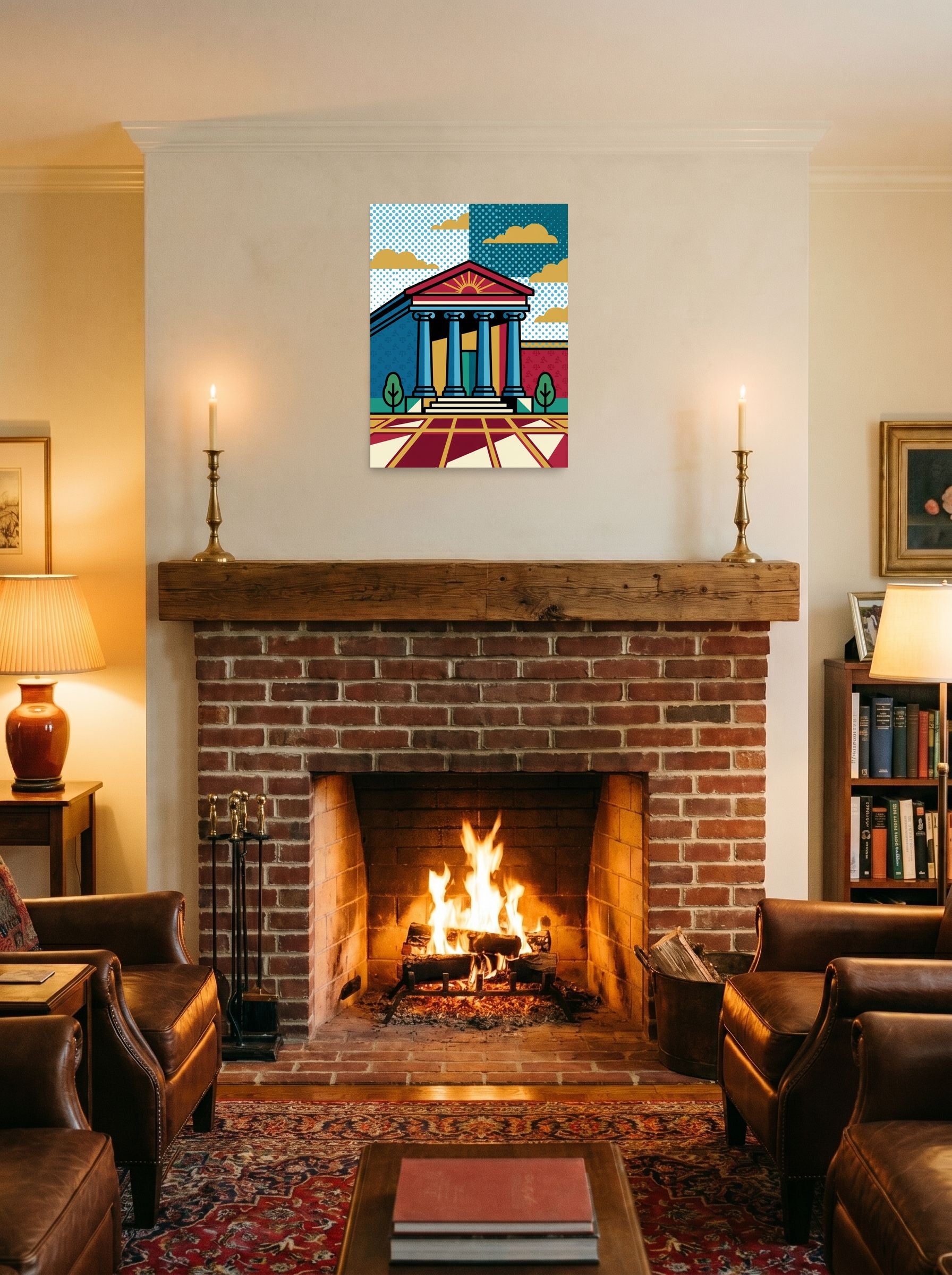 A 18x24 inch unframed paper Pop art print of 'Pop Art Courthouse' displayed above a fireplace.