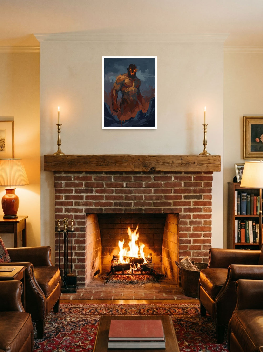 'The Fire Giant' hung over a fireplace as a focal point, printed as unframed paper at 18x24 inch.