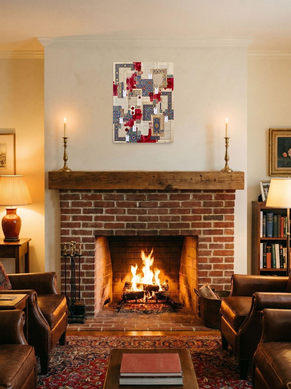 unframed paper wall art 'Silk Road Archives' styled on a mantel above a fireplace, at 18x24 inch.