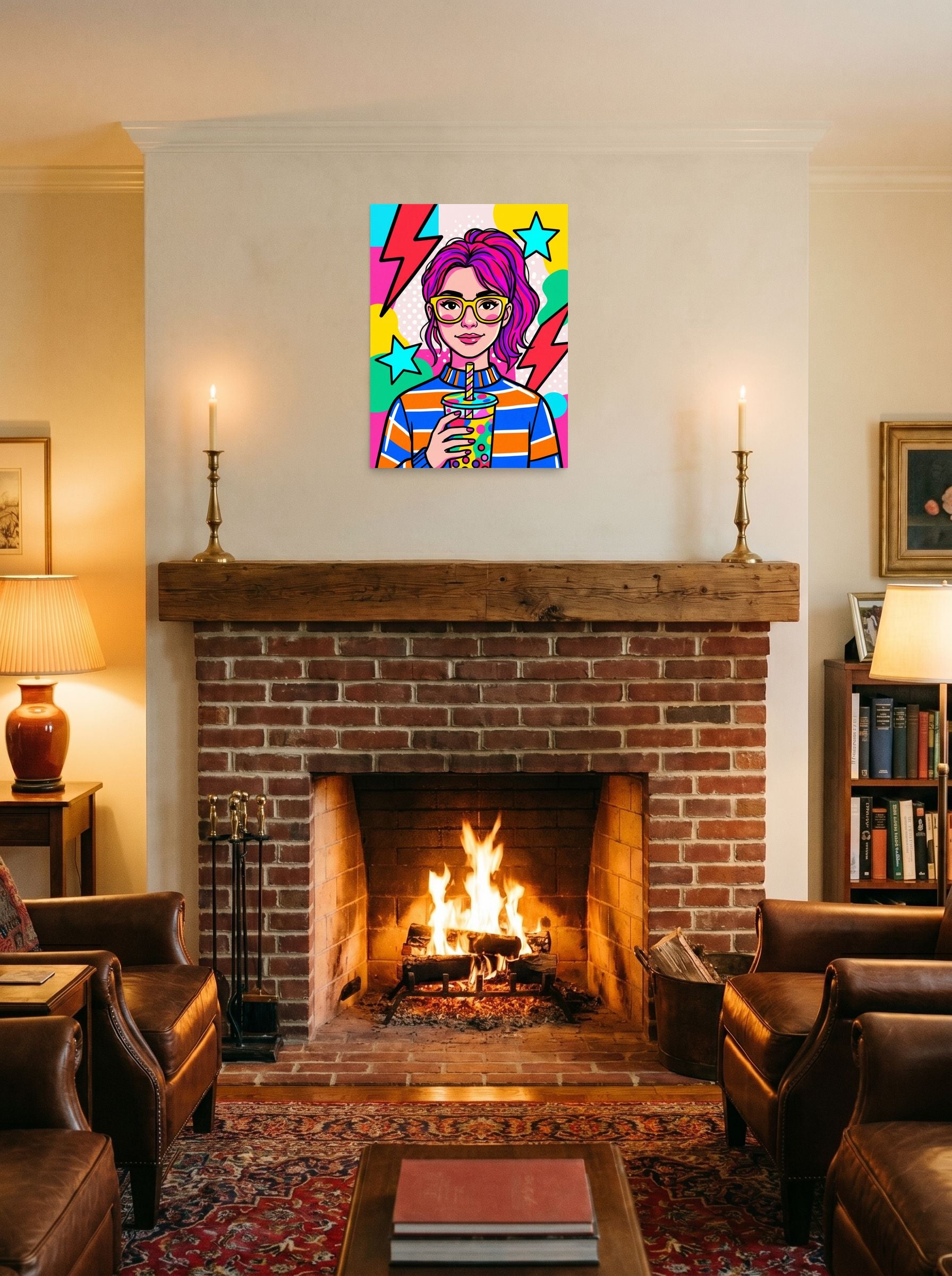 A 18x24 inch unframed paper Pop art print of 'Boba Pop' displayed above a fireplace.