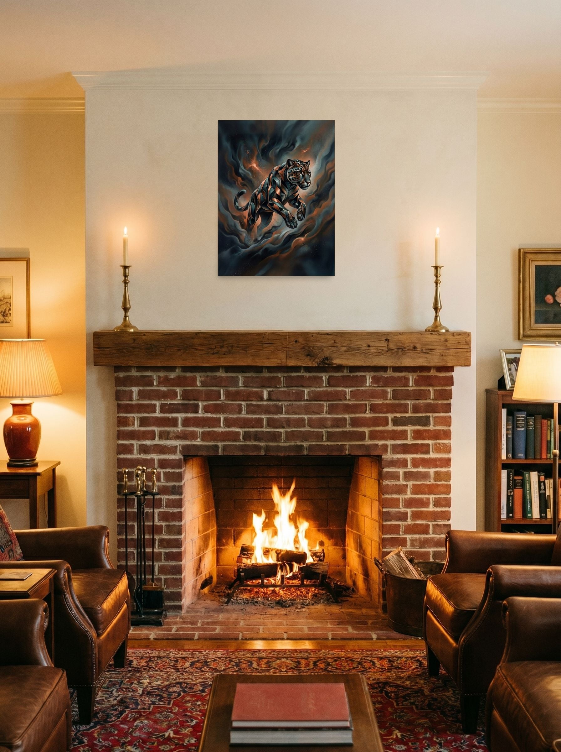 A 18x24 inch unframed paper Digital art print of 'Phantom Leap' displayed above a fireplace.