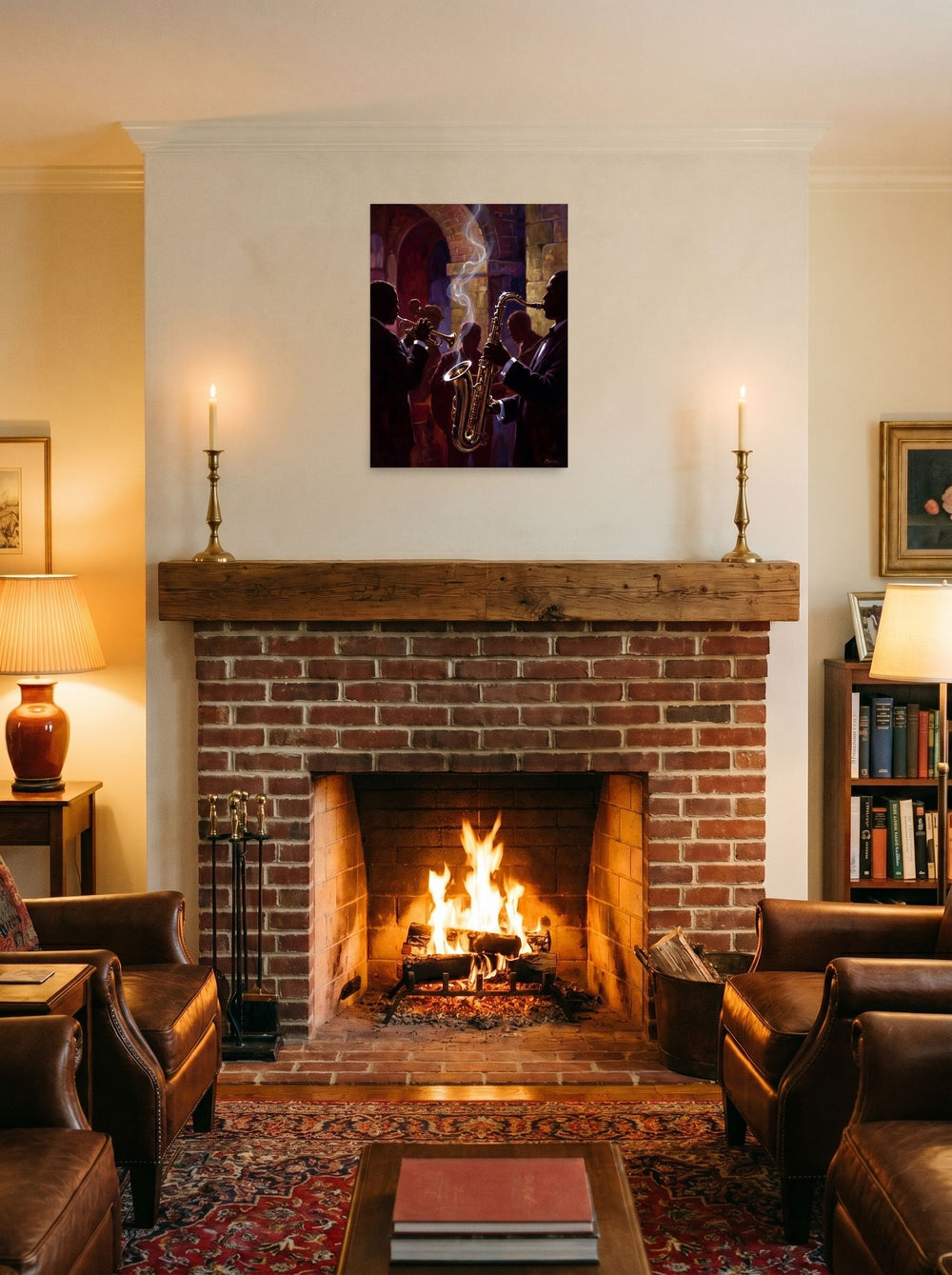 A 18x24 inch unframed paper version of 'Smoke and Brass', Realism wall art, hung over a fireplace as a focal point.
