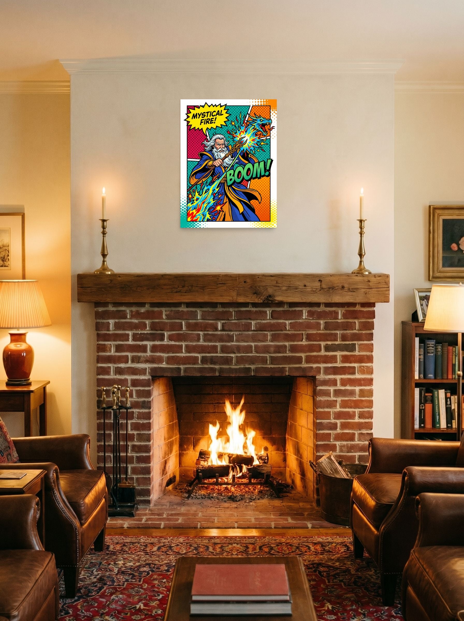 A 18x24 inch unframed paper Pop art print of 'Mystical Fire Boom' displayed above a fireplace.